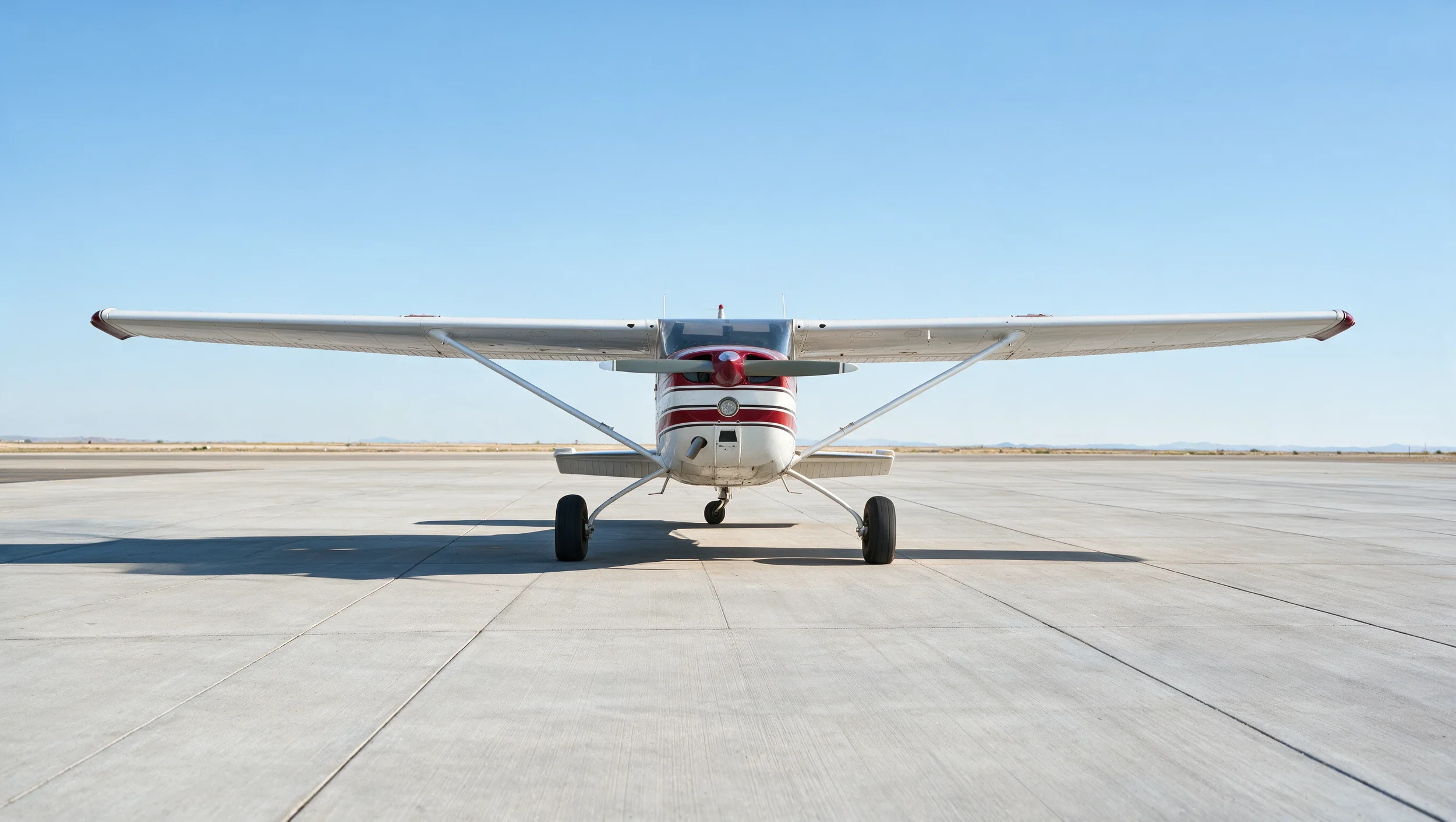 Small white and red propeller airplane on an airport tarmac with mountains in the background under a clear blue sky.