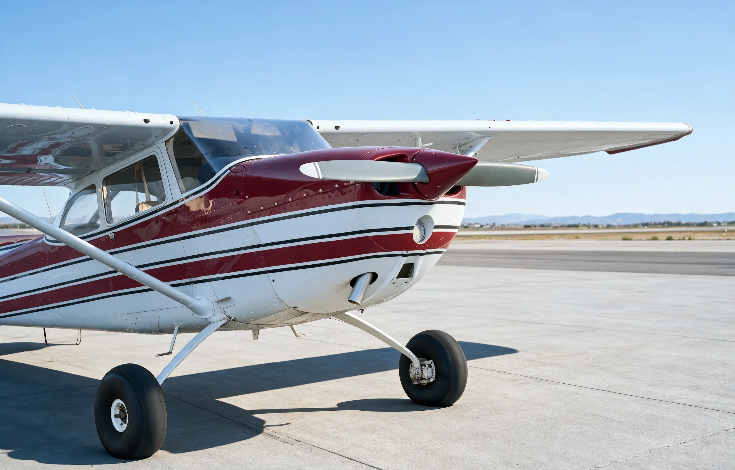 Small private airplane with a red and white striped design parked on an airport tarmac under a clear blue sky.