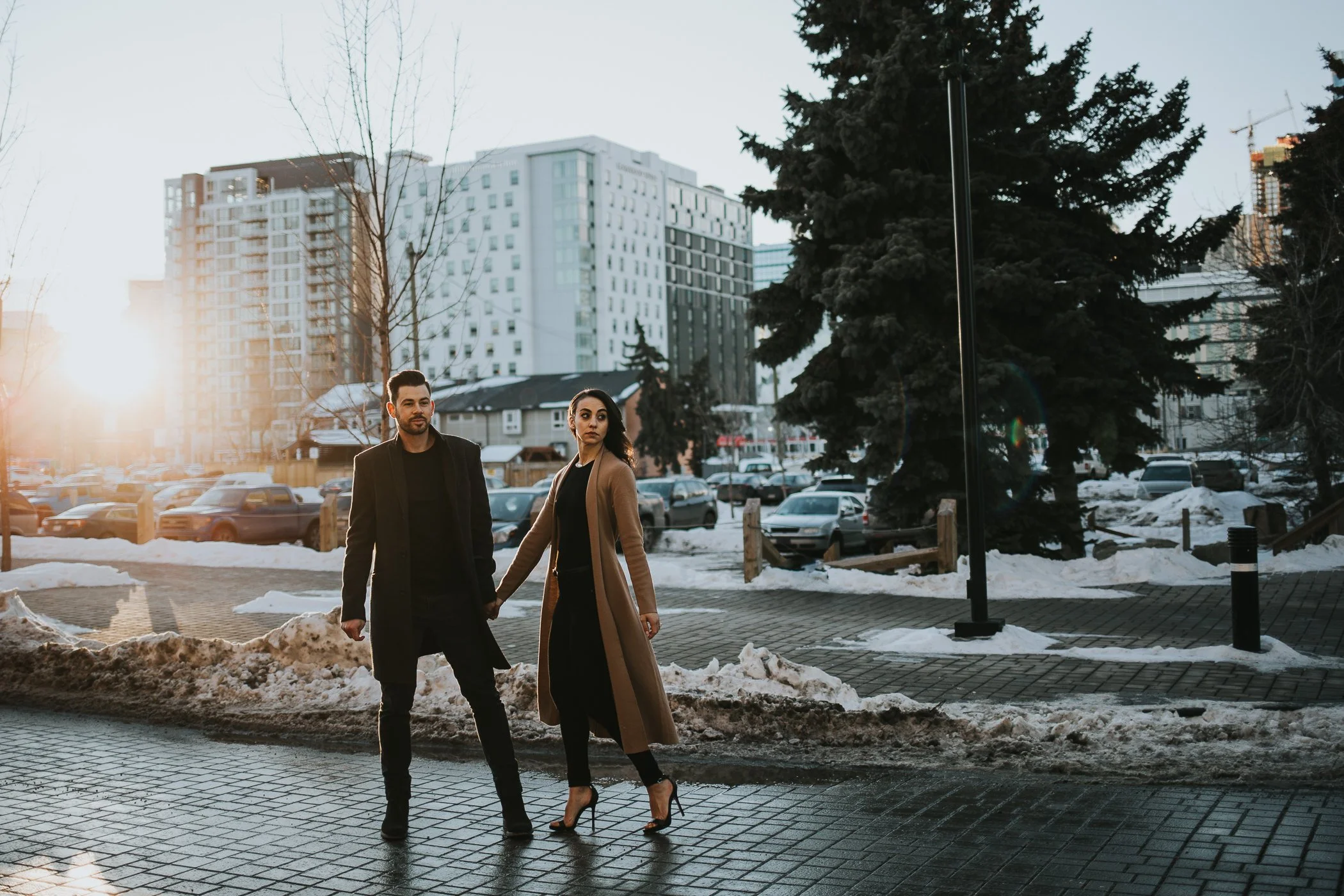 Sunset winter engagement session in Calgary