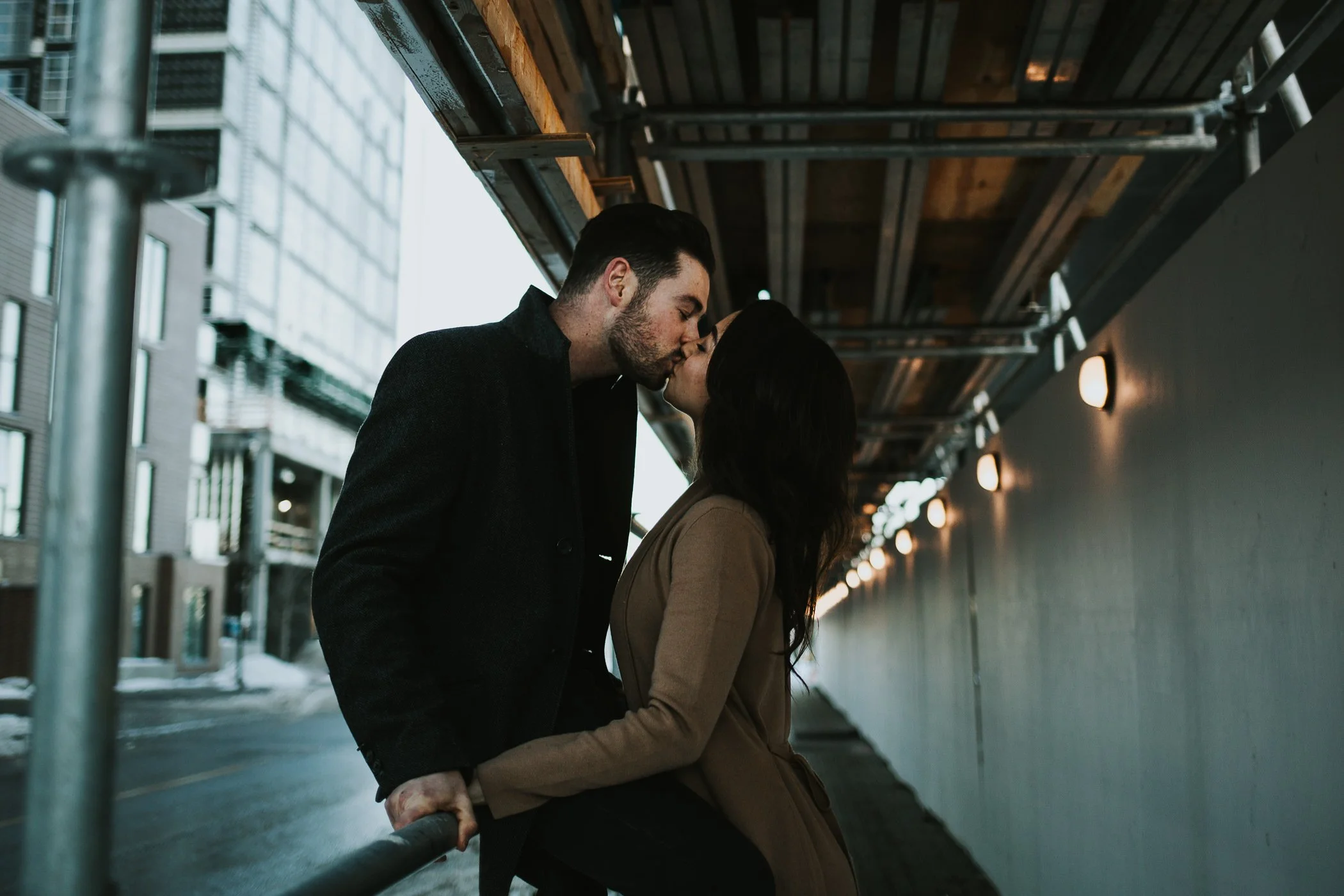 Engagement photos in construction site in downtown Calgary 