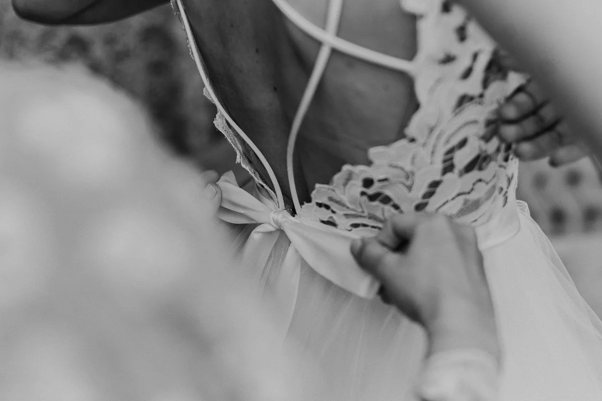 Black and white getting ready bride lace Blush by Hailey Paige dress