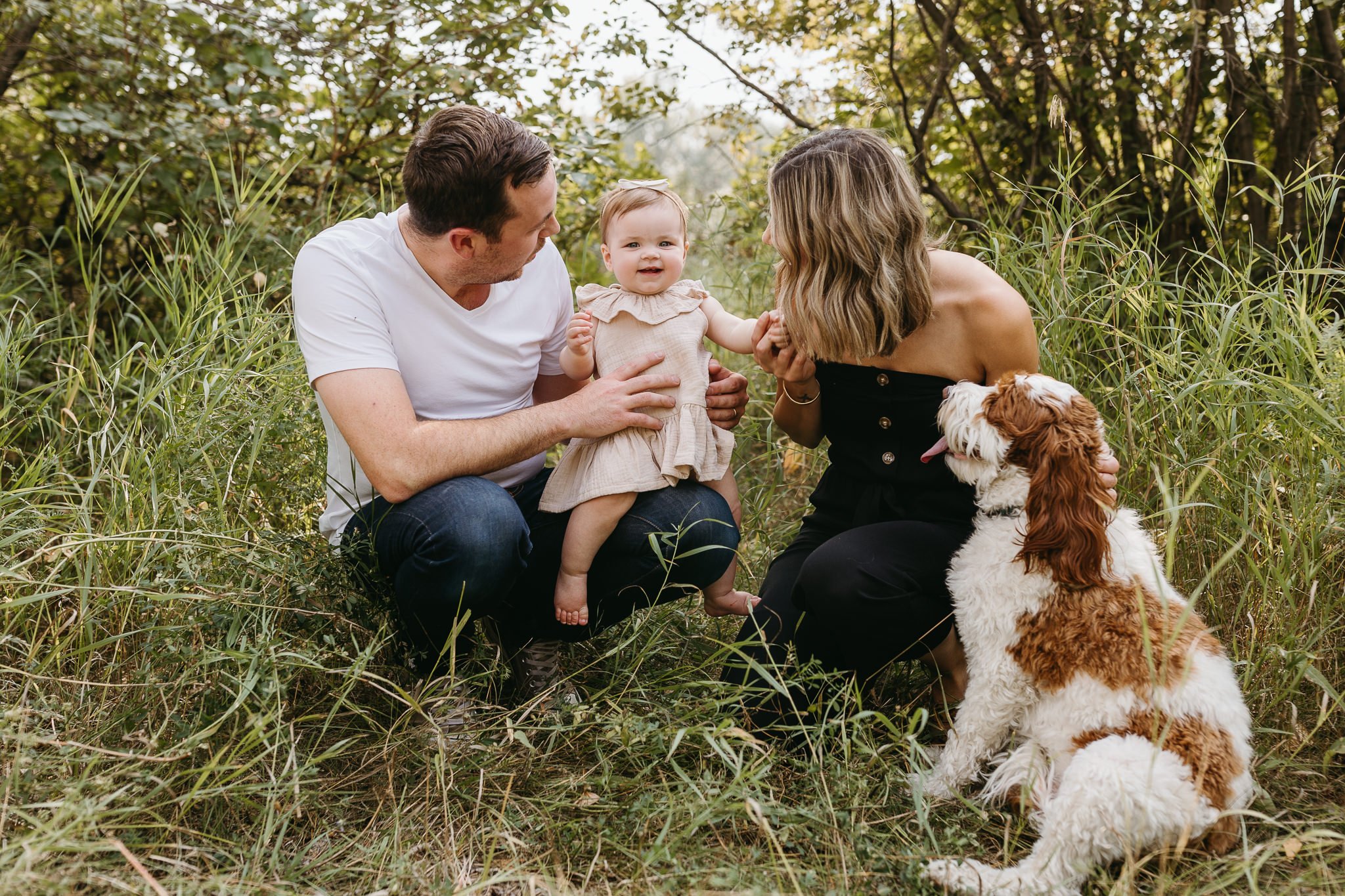 Candid summer family session with labradoodle in Calgary