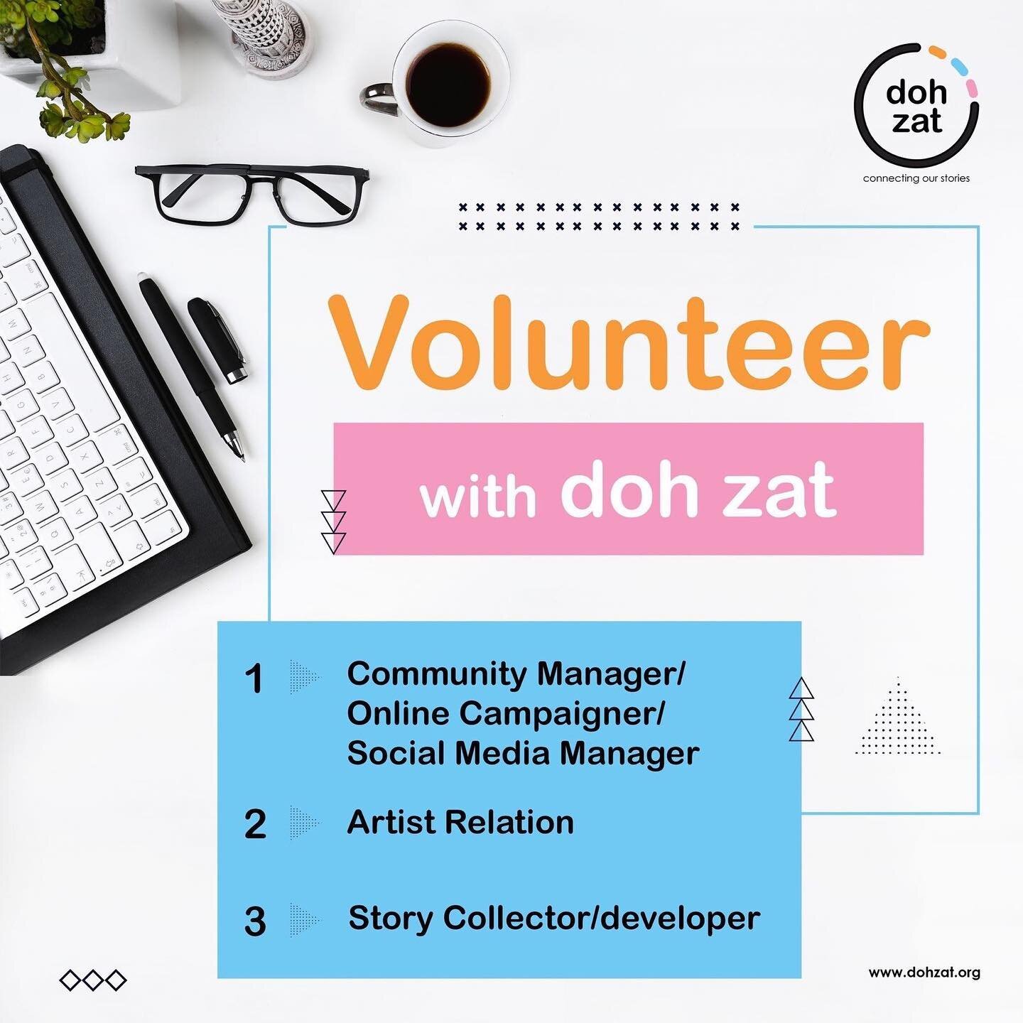 Are you interested in Social Issues? Do you want to make a change to help our world better? 

Doh Zat, a platform where we speak out loud about the experience of social issues is now calling for volunteers.

See details in the photos and apply if you