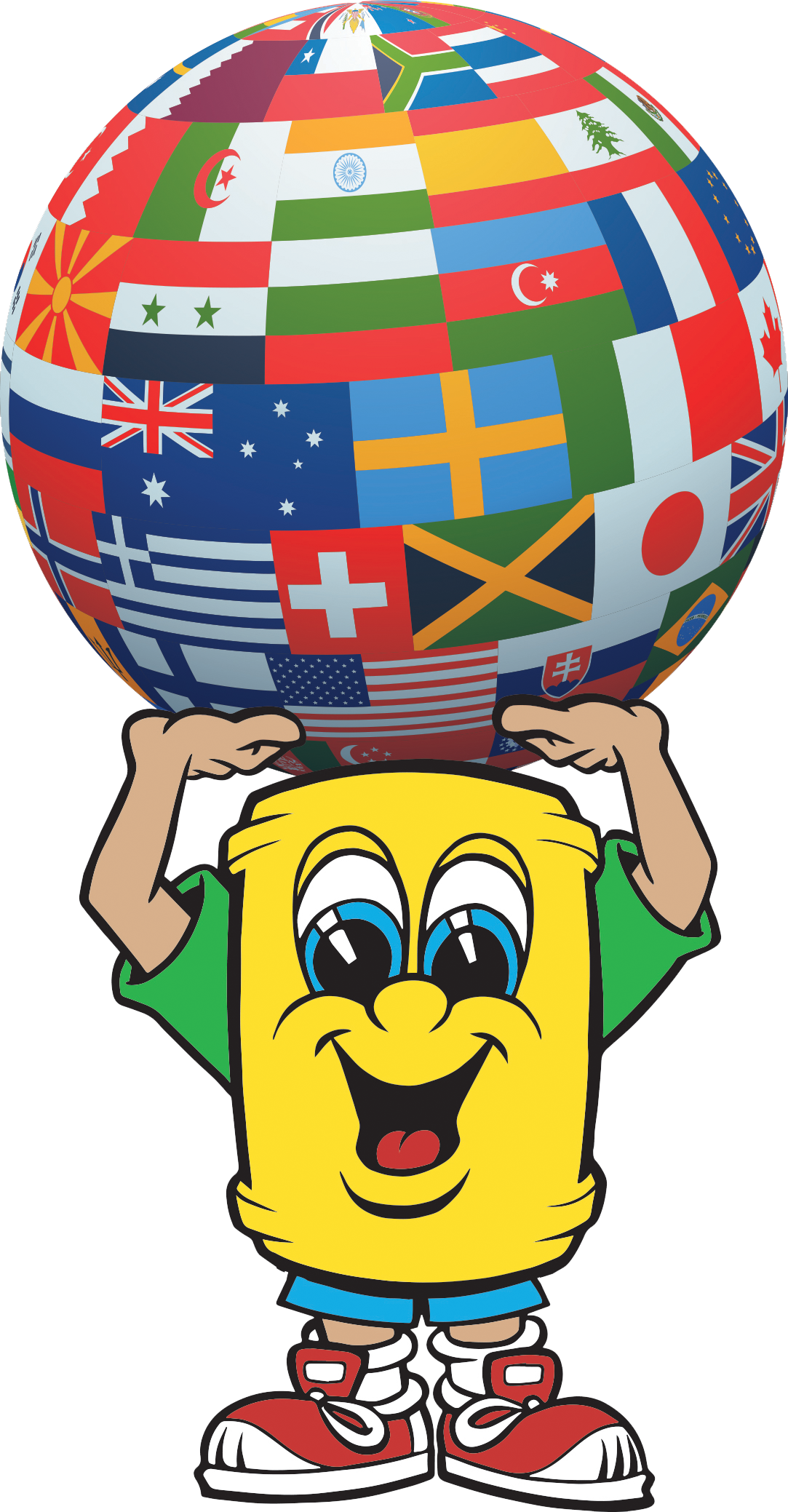 A cartoon character holding a globe decorated with flags of various countries.