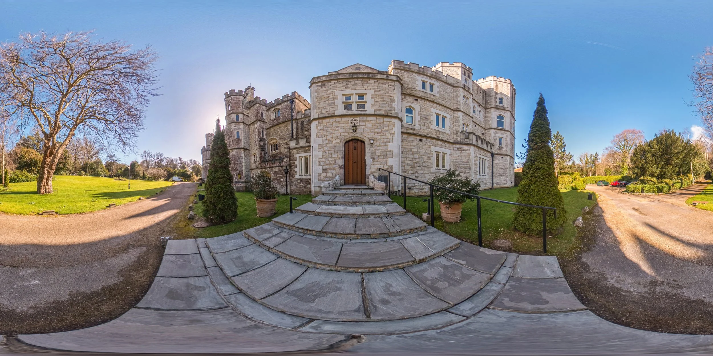 Equirectangular view of the front of a castle entrance