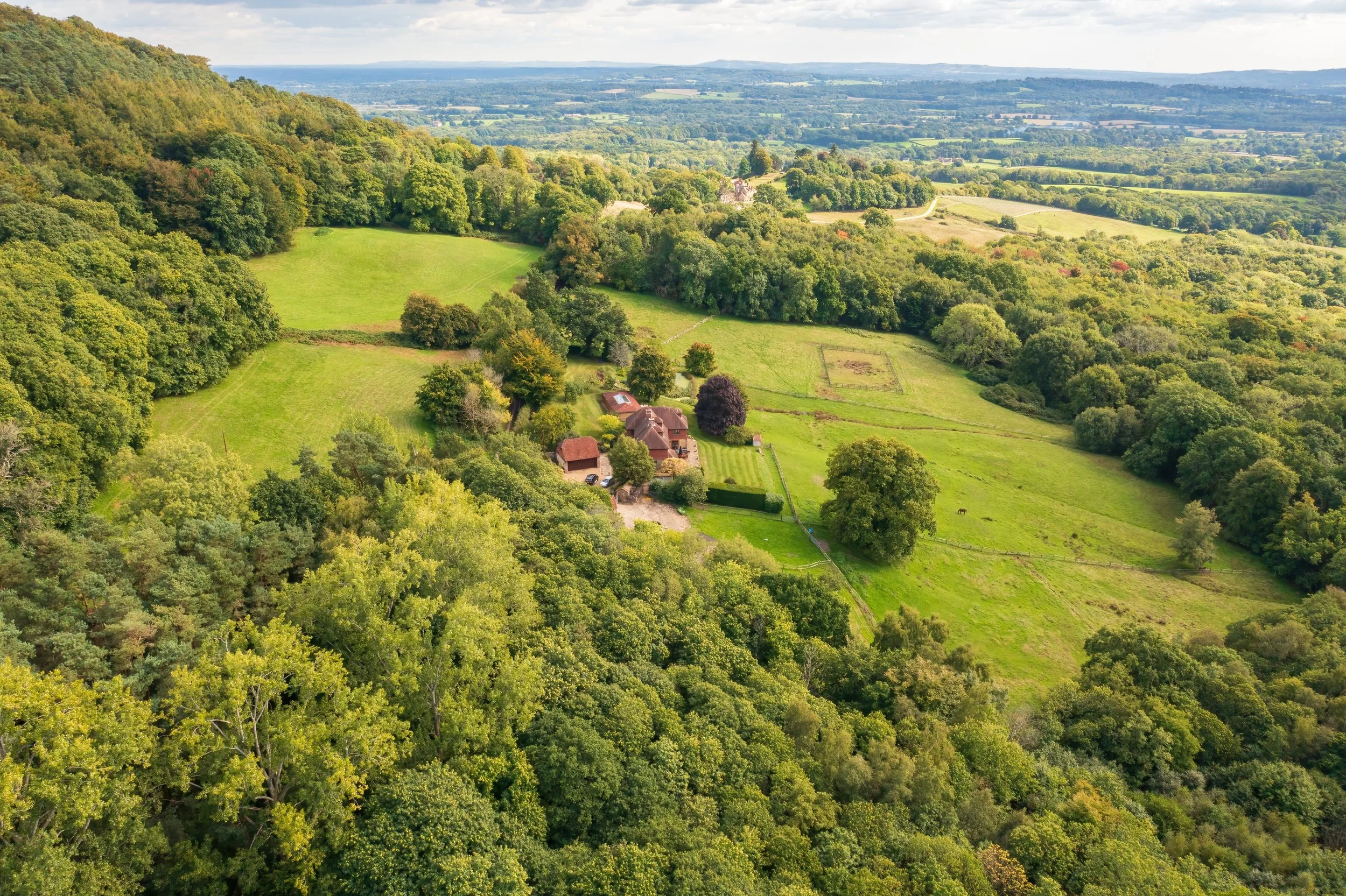 Aerial view of a rural landscape with green fields, dense trees, a few houses, and distant hills.