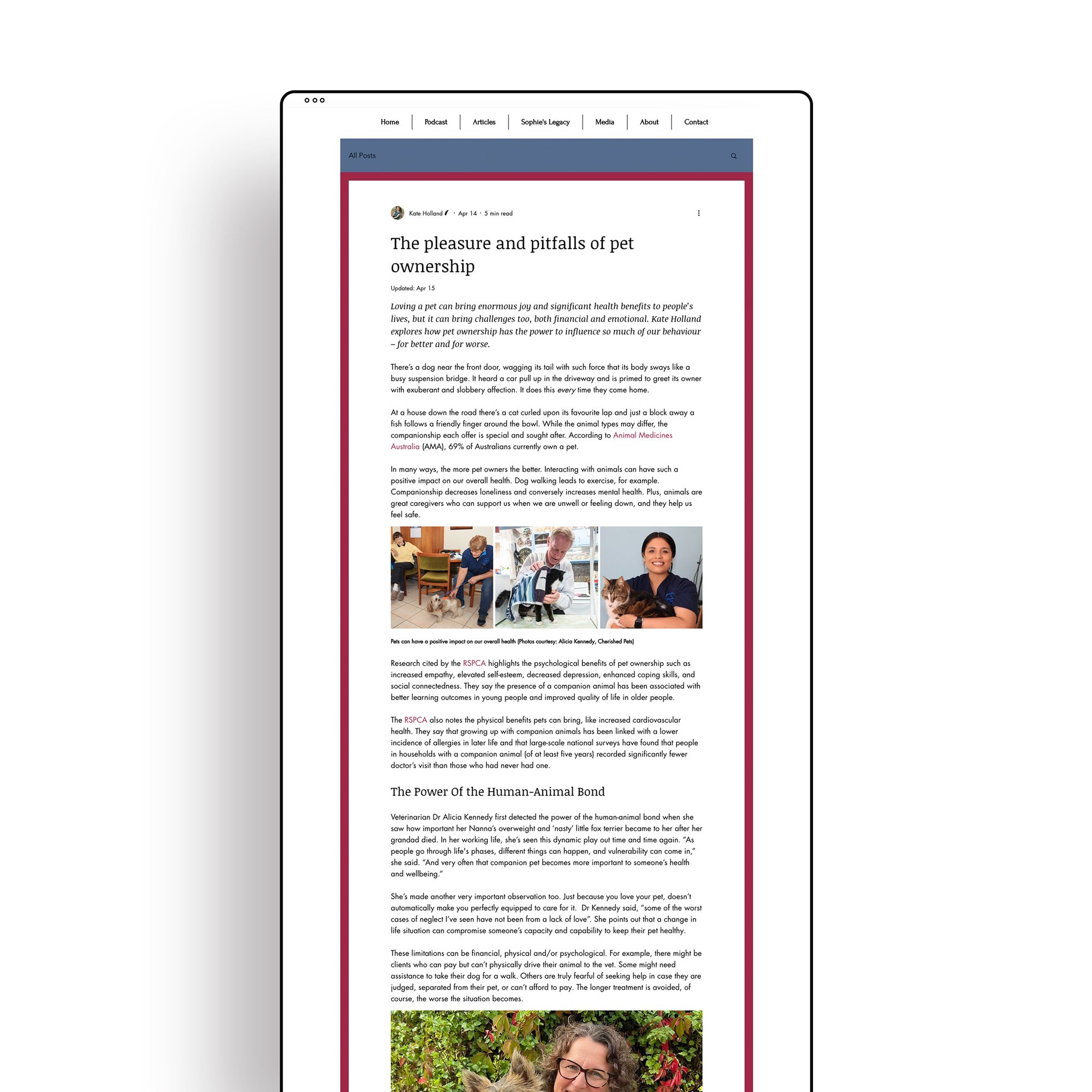 Sick As A Dog website webpage displayed on a tablet with article about pet ownership, including images of people with pets and a section titled "The Power Of The Human-Animal Bond."