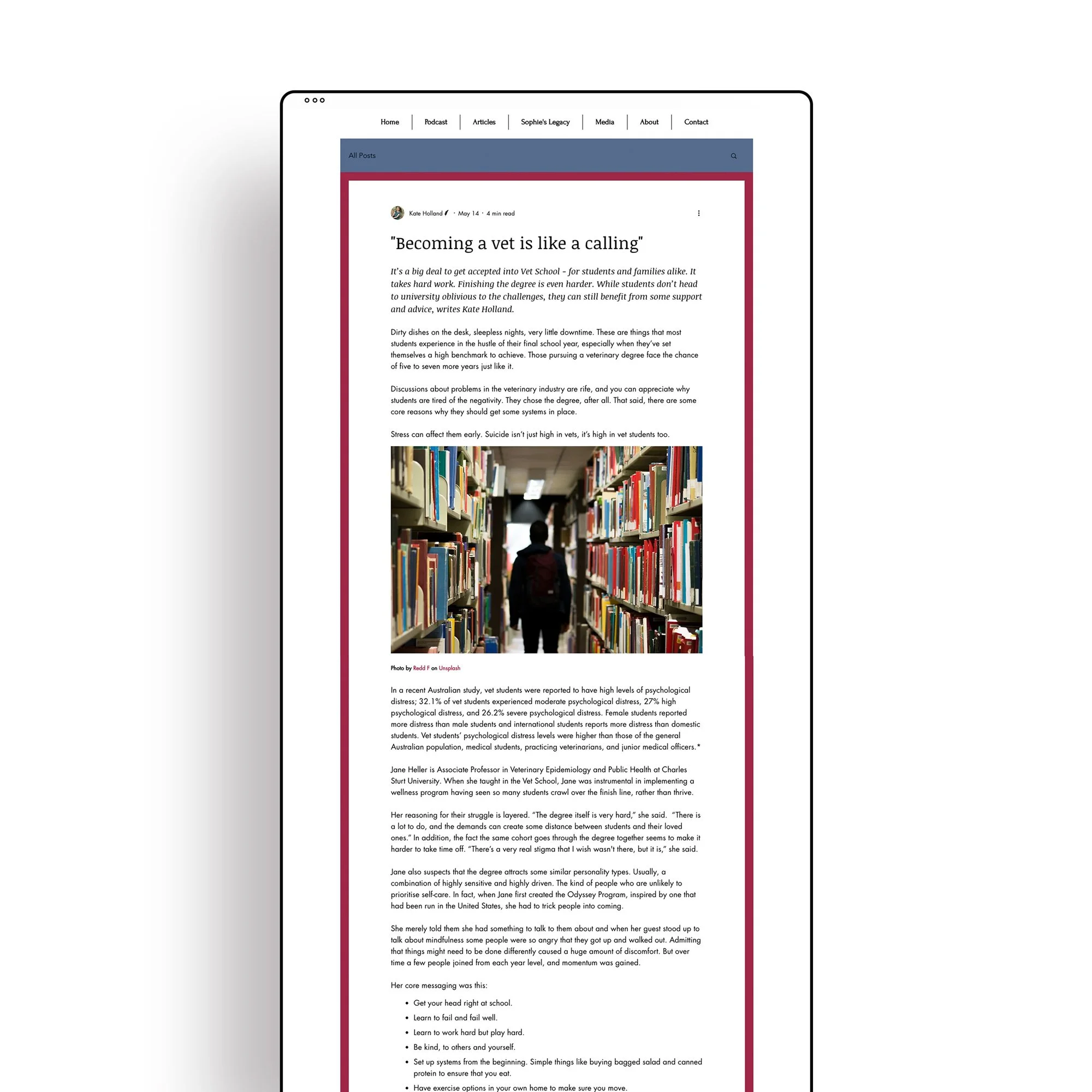 Sick As A Dog website webpage displaying an article titled 'Becoming a vet is like a calling' with a photo of a person walking through a library aisle filled with books.