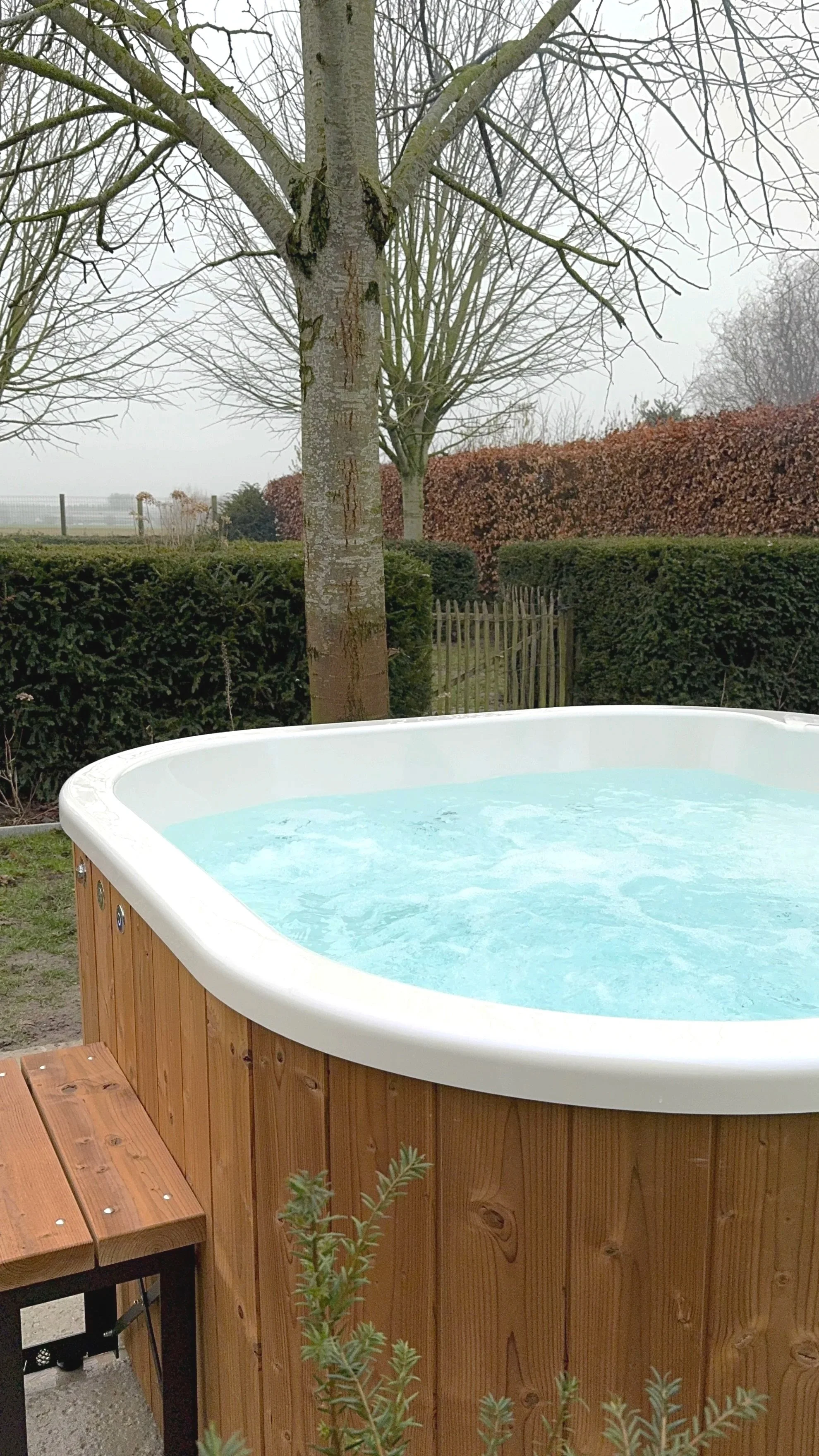 Een houten hot tub met water door Wellnez Atelier, naast een tuin met een grote boom en een dichtbegroeide heg, onder een bewolkte hemel.