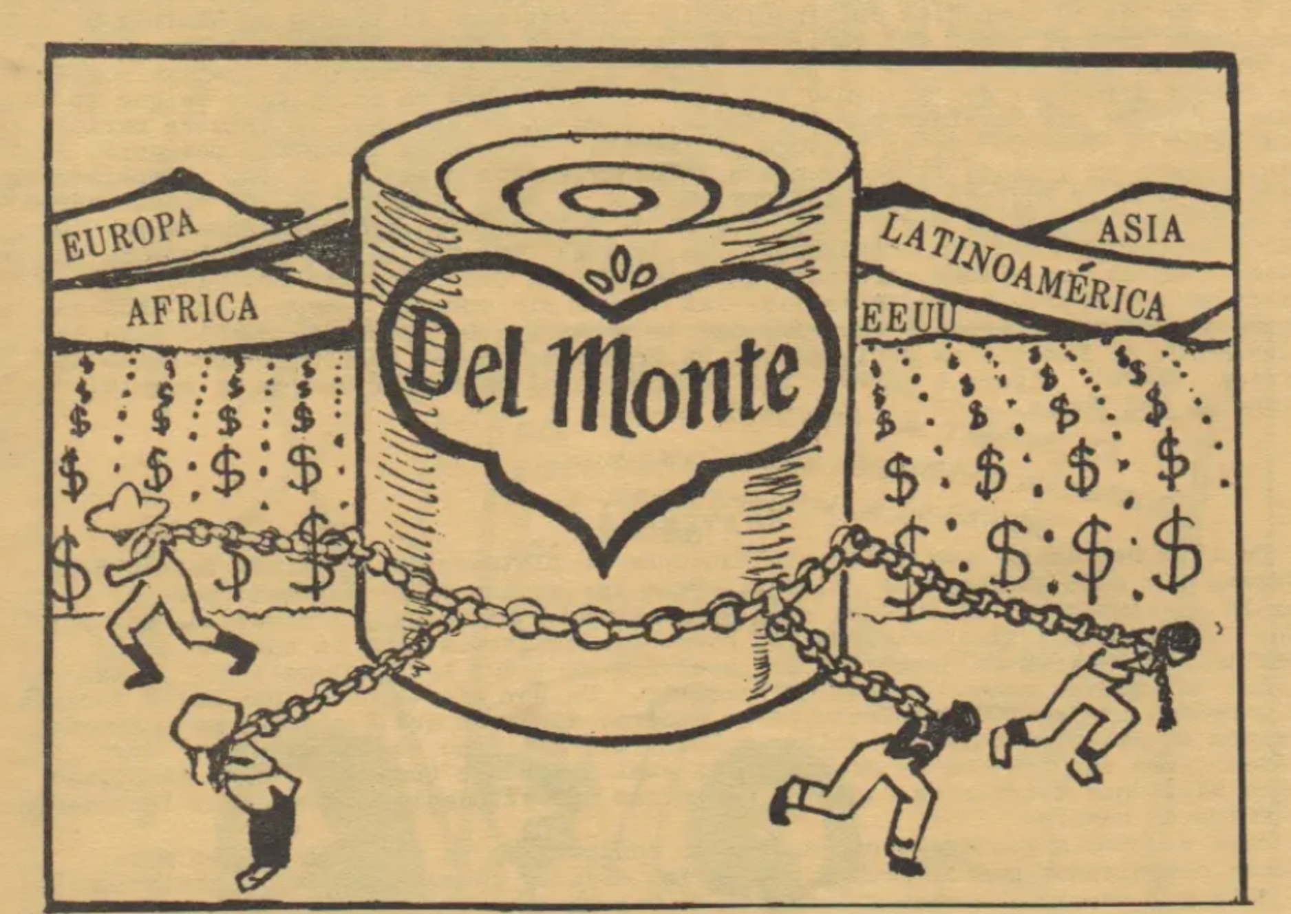 1970s protest poster urging a boycott of Del Monte, condemning its global plantation practices for fueling poverty, hunger, and worker exploitation, and warning that food is used as a tool of power in international politics.