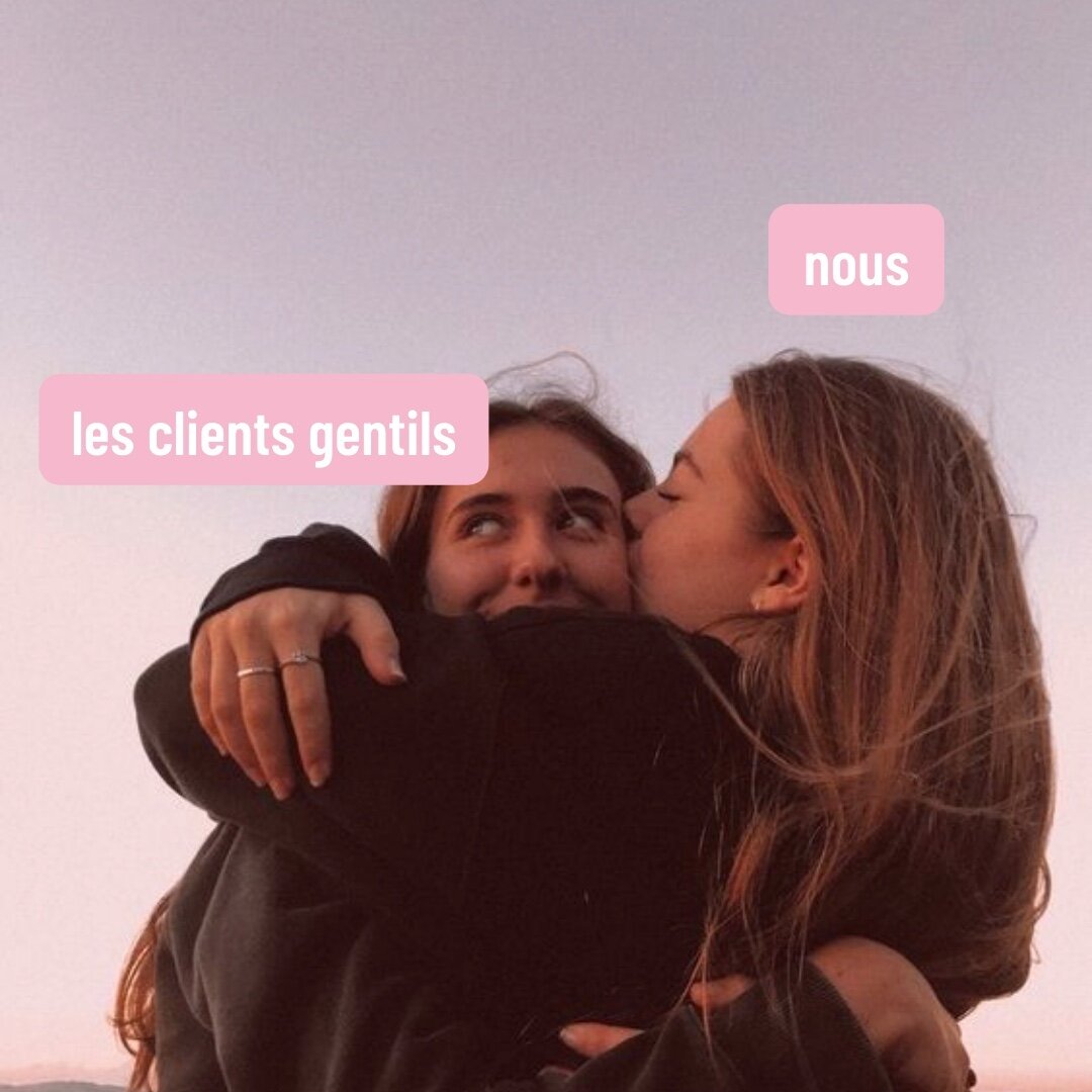 Nous on adore tous nos clients ❤️ mais alors ceux qui sont gentils avec nous, qui sont compr&eacute;hensifs, attentifs, &agrave; l'&eacute;coute et nous font confiance, on les aime d'amour d'amour ❤️

petit message pour tous nos clients qui nous su