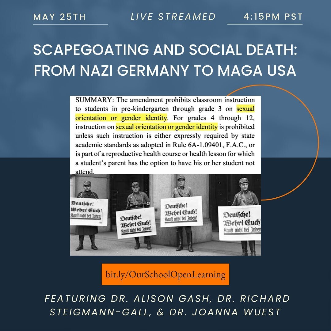 Our first Open Learning talk will be on May 25th at 4:15pm PST! Join us for an exploration of the patterns and consequences of political scapegoating in Nazi Germany and the scapegoating of trans youth in MAGA USA. Link in bio! 

#openlearningseries 