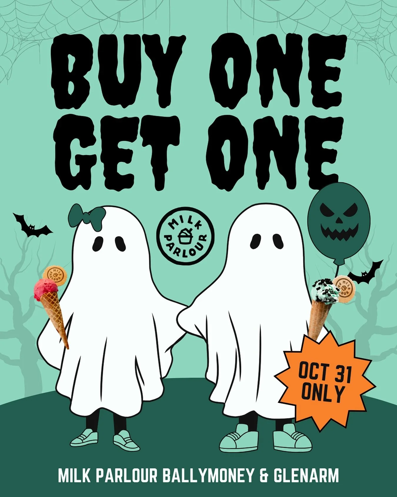 ‼️🚨BUY ONE GET ONE FREE ON HALLOWEEN🚨‼️
On the 31st of October you can buy one item and get for free at either of our Ballymoney or Glenarm stores👻🎃 (The lower-priced item is on us😉)

#BOGO #Halloween #Milk Parlour #Glenarm #Glenarm