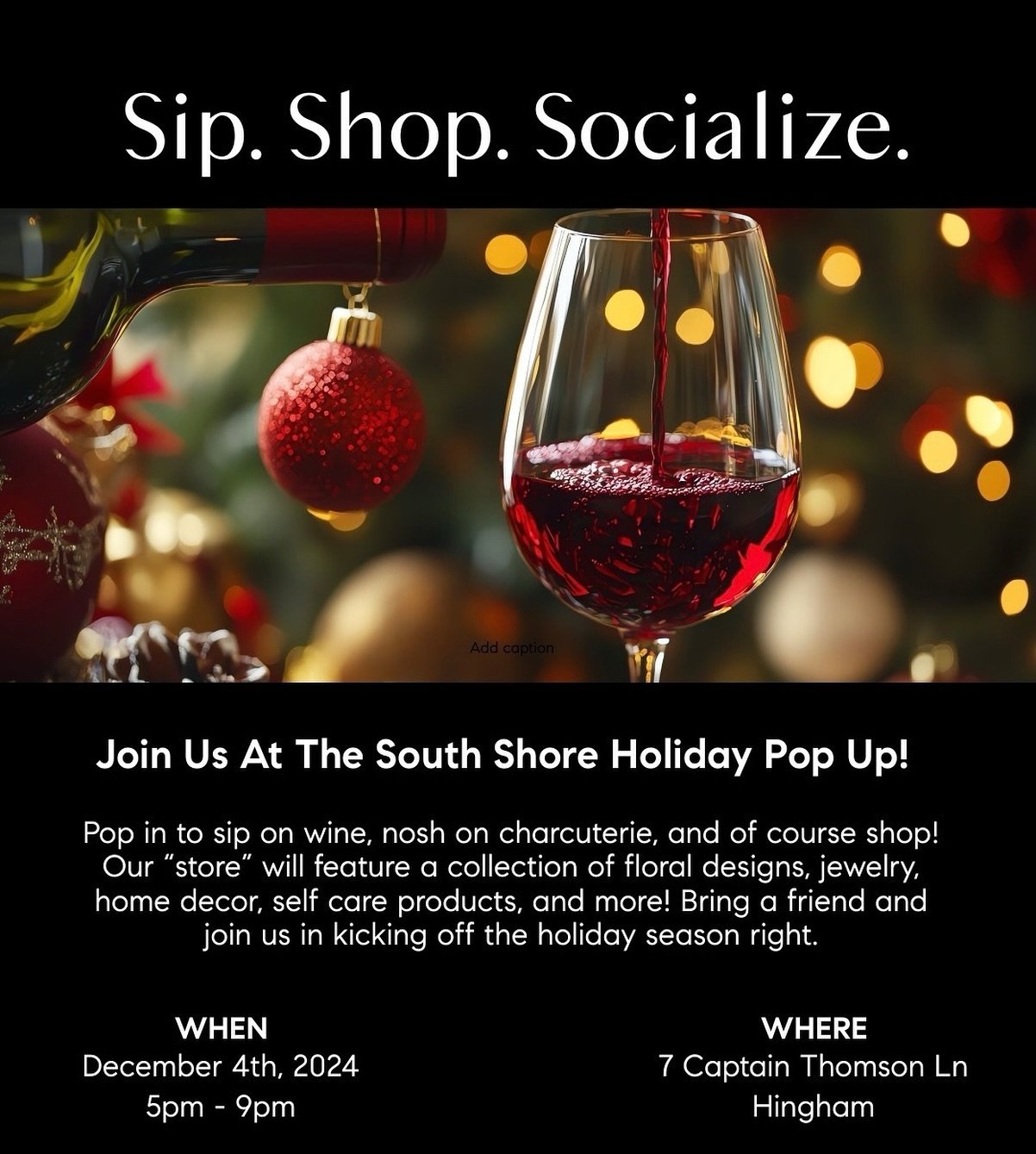 SAVE THE DATE! 🎄🥂✨This Wednesday, December 4th, come join us at the South Shore Small Business Holiday Pop Up in Hingham. Please come by and 🥂sip, 🧀nosh, mingle and shop&nbsp;an&nbsp;array of local small businesses. While you&rsquo;re there,&nbsp