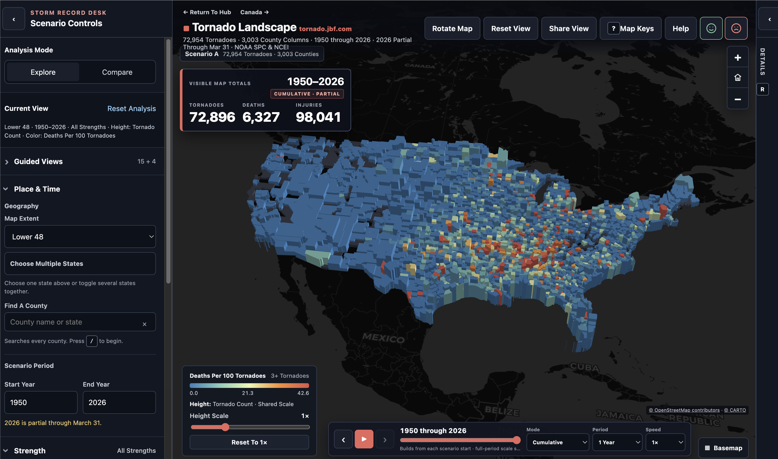 Tornado Landscape — 76 years of U.S. tornadoes as 3D county columns, 1950 to 2026