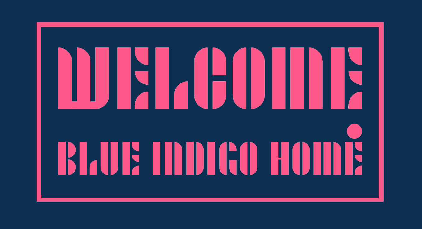 Pink text on a dark blue background reads 'Deli Come! Blue Indigo Home' enclosed within a pink rectangular border.