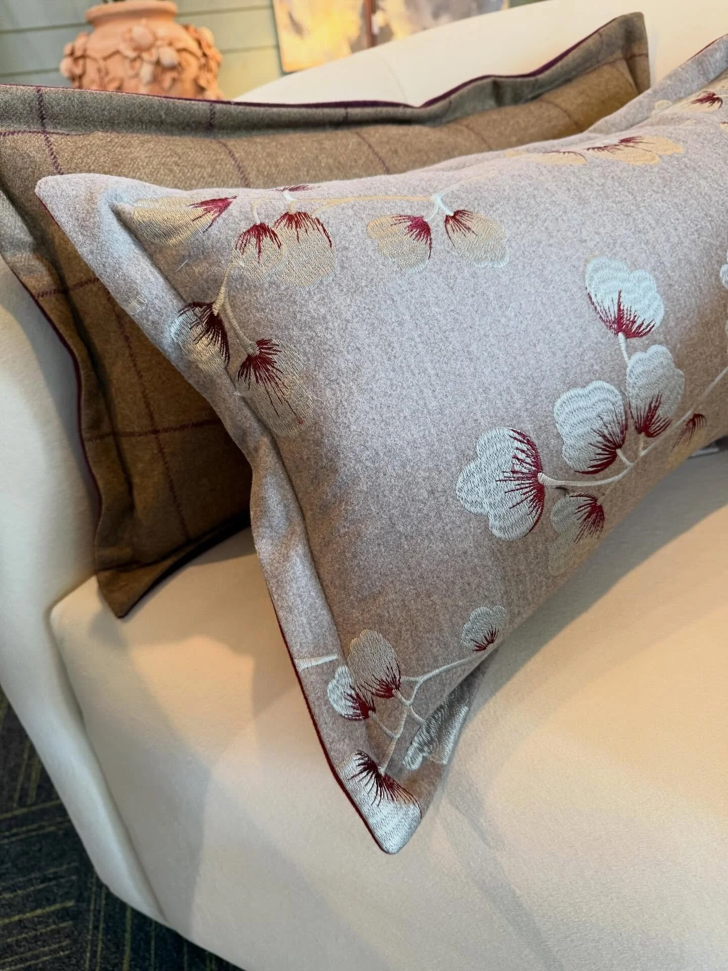 Going through a little Milan Cortino withdrawal? New to the showroom, pillows in Loro Piana cashmere and cottons &mdash; the kind of thing you touch once and immediately start rearranging your priorities. #luxinteriors  #pillowchic ##luxbrand🛍️