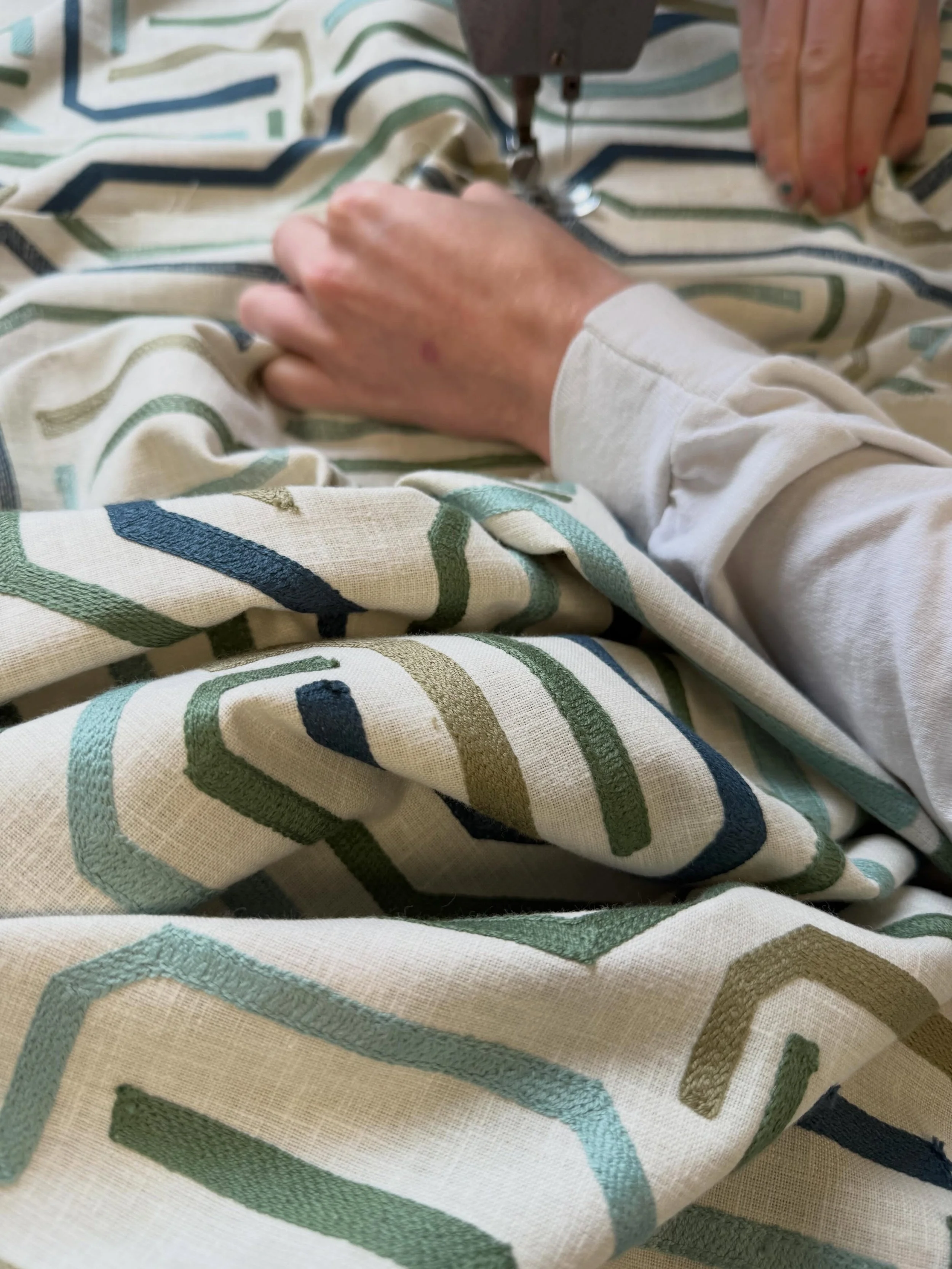 Shower curtain perfection. 🌧️ While it's raining on everyone else's parade, we're in the workroom making sure your bathroom is the most fabulous room in the house. DM us to start yours. #WorkroomWednesday #quinceandquinn
