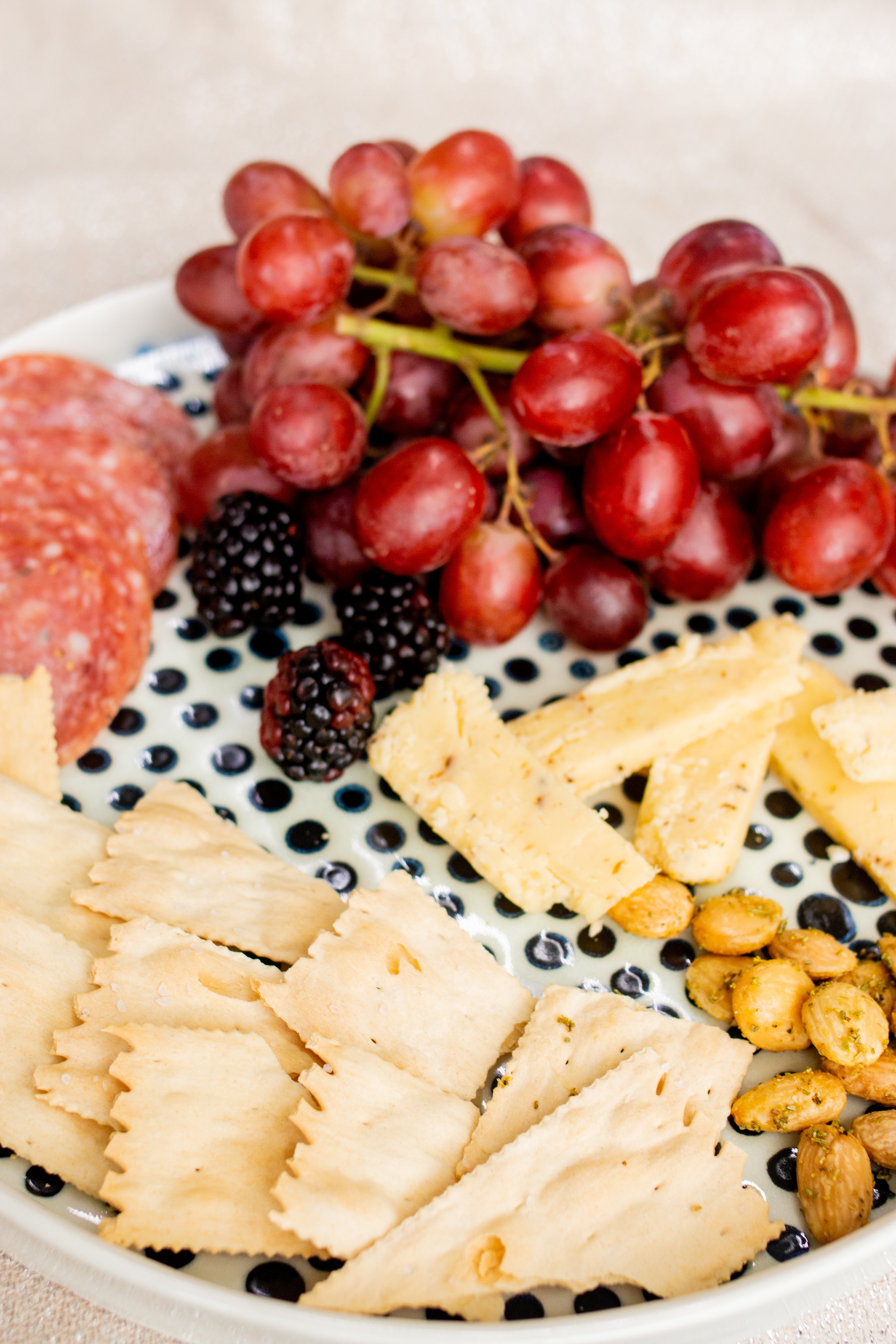  A closeup image of charcuterie tray with fruit and cheese on a plate made by Lauren HB Studio 