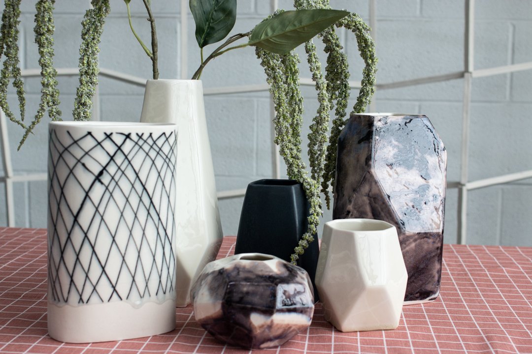  Group of abstract, geometric vases of varying sizes in the Juniper collection made by Lauren HB Studio 