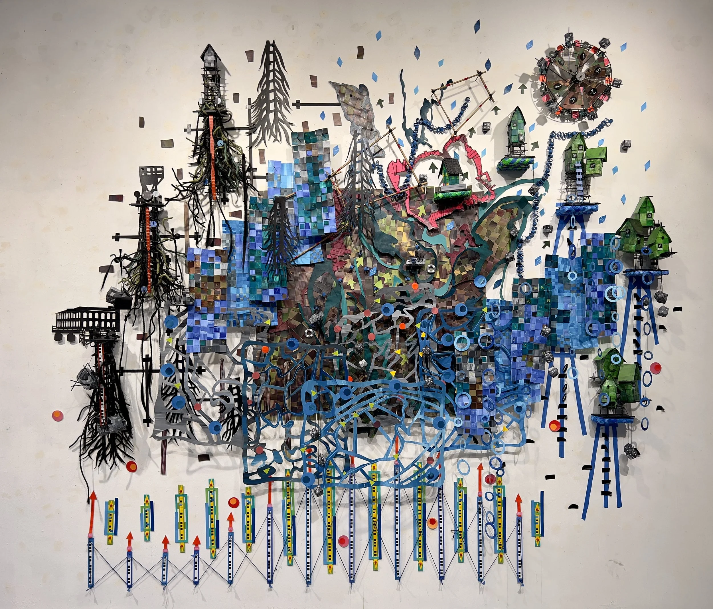 Changing Lines / 2023 / 10'x9'x1' / The Gulf of Maine is one of the fastest warming waters on the planet. This piece looks at the chemical and biological changes in the waters, with a particular focus on the Bay of Fundy. 