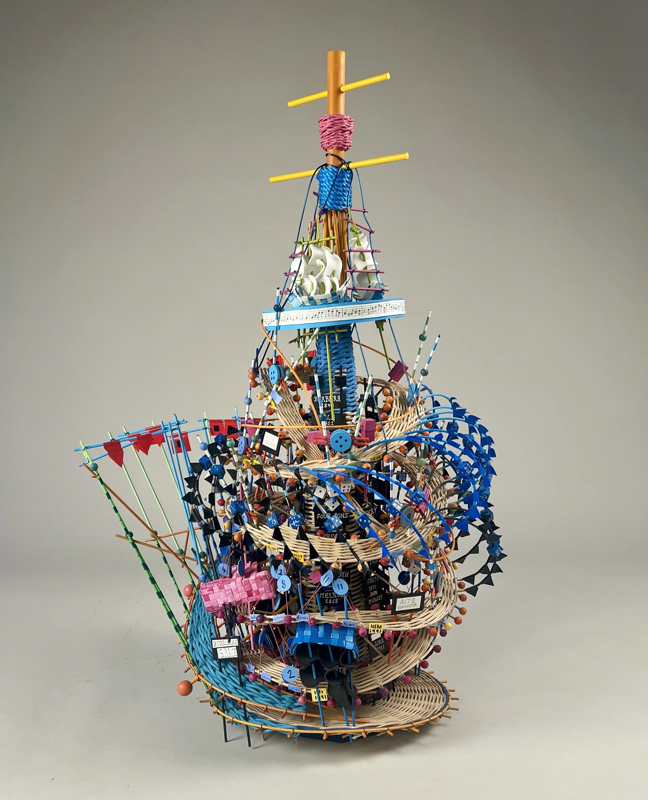 The Ghostly Crew of the Andrea Gail/ 2019 / Reed, wood, data / 16"x18"x29" / This 3D musical score is build of weather data that follows the sinking of the Andrea Gail during the Perfect Storm. 