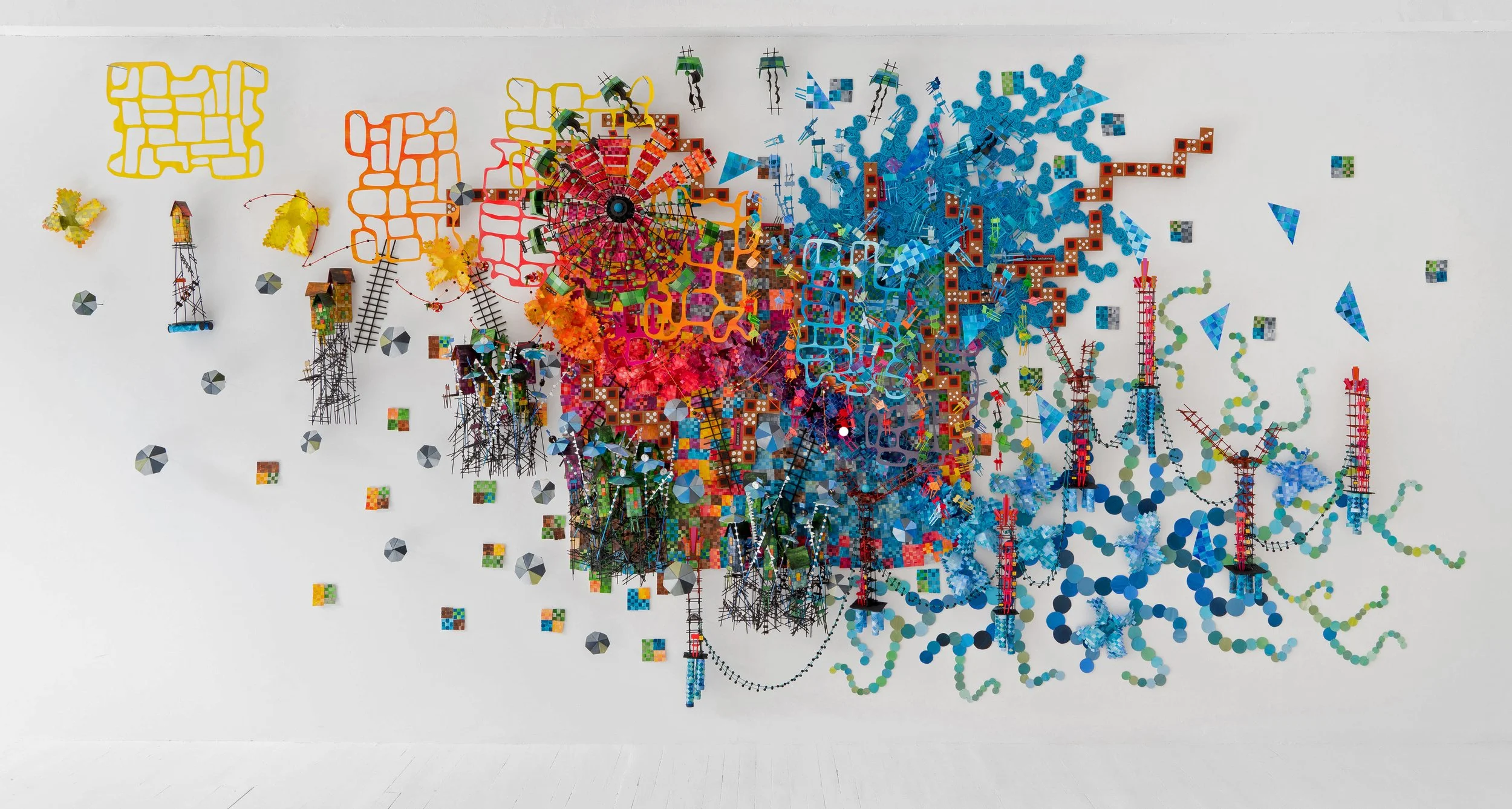 Build Me a Platform, High in the Trees / 2017 / Wood, paper, fiber, data / 20'x13'x1'  / The piece is about four different flooding events that caused significant flooding in Louisiana since Hurricane Katrina. In each of these events, the water arriv