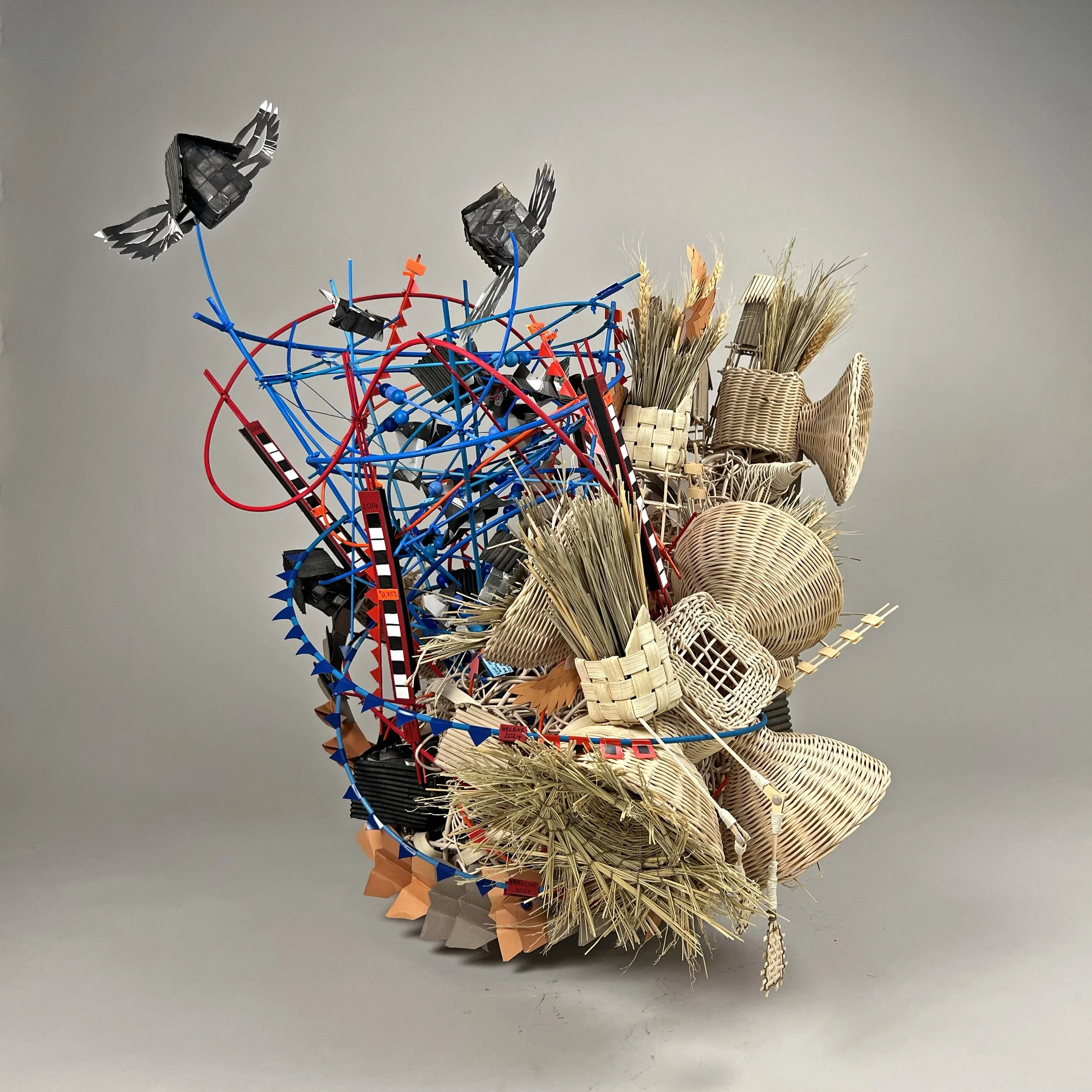 Bird Sirens / 2025 / Reed, wood, paper, data / 30"x36"x33" / This piece is about the Swainson’s Warbler and its ability to make nests in places that have been ravaged by tornadoes.