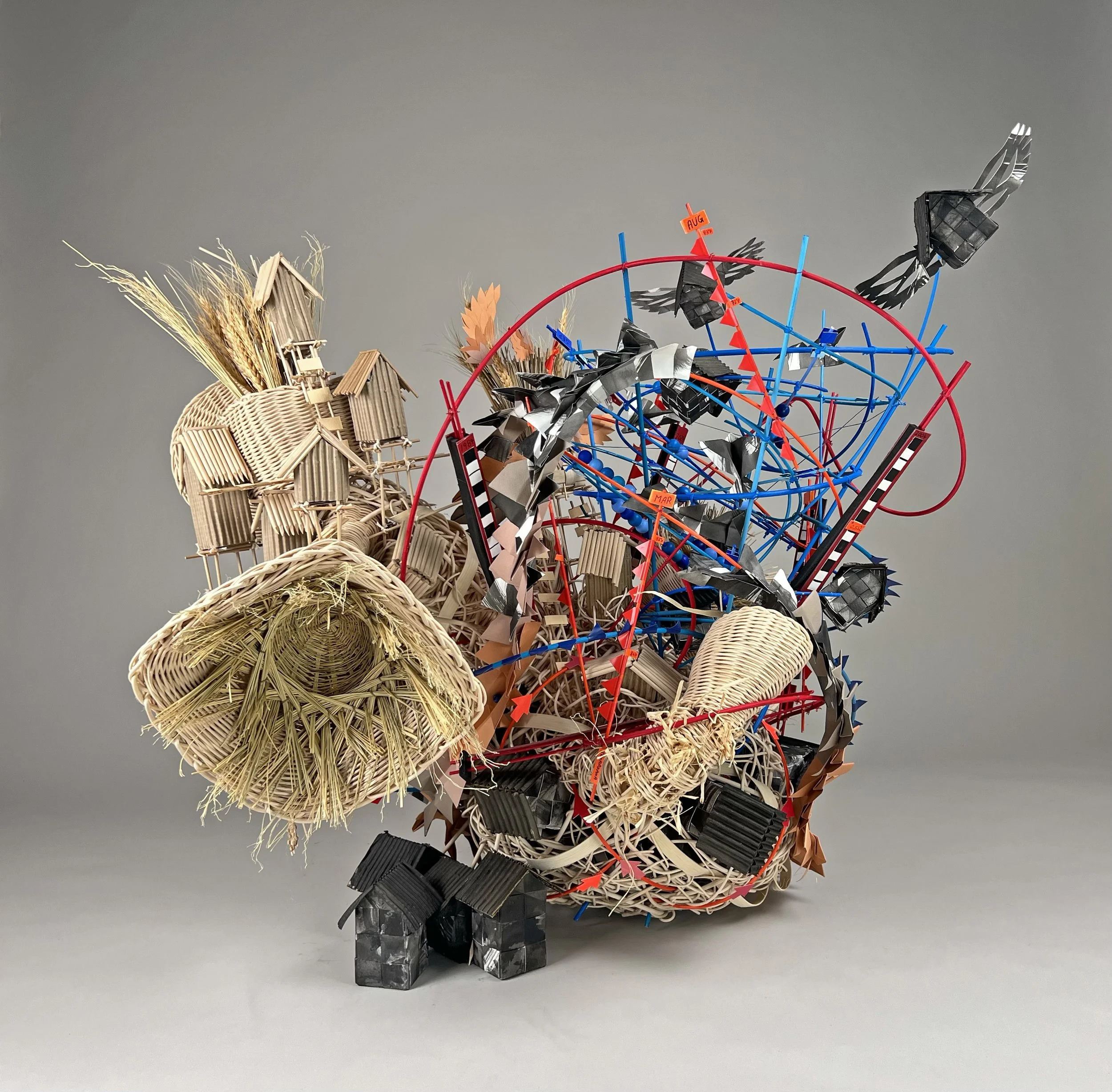 Bird Sirens / 2025 / Reed, wood, fibers, data / 30"x36"x33"/ This piece translates data related to the migration pattern of Swainson’s Warbler as well as weather conditions in its wintering and summering grounds. 
