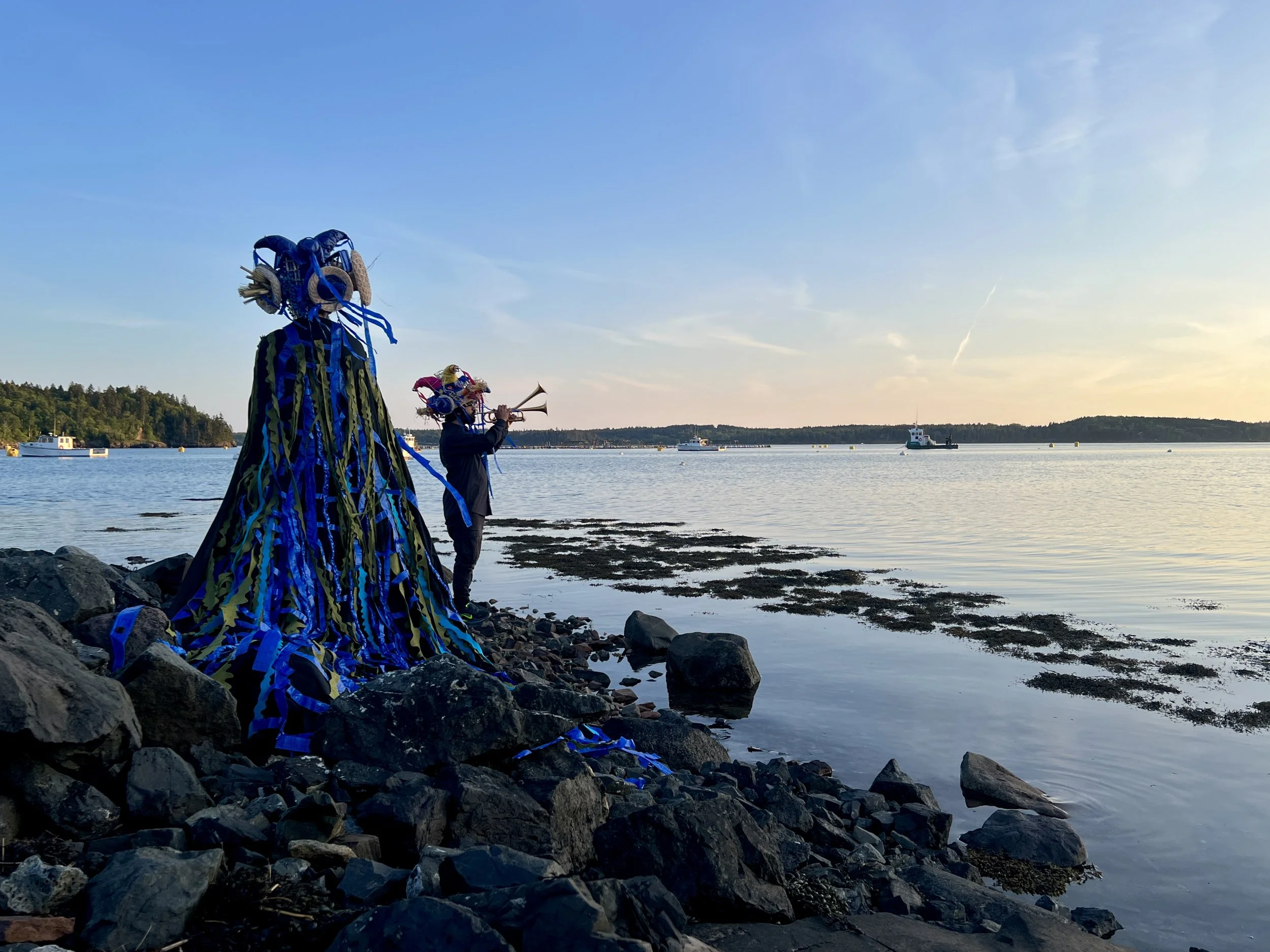 Love Letters / 2026 / Performance with Natalia Merlano Gomez (voice) and David Aguila (trumpet) of my musical scores Love Letters at the Tides Institute June 2026. I also built the veil and hat pieces they are wearing. 