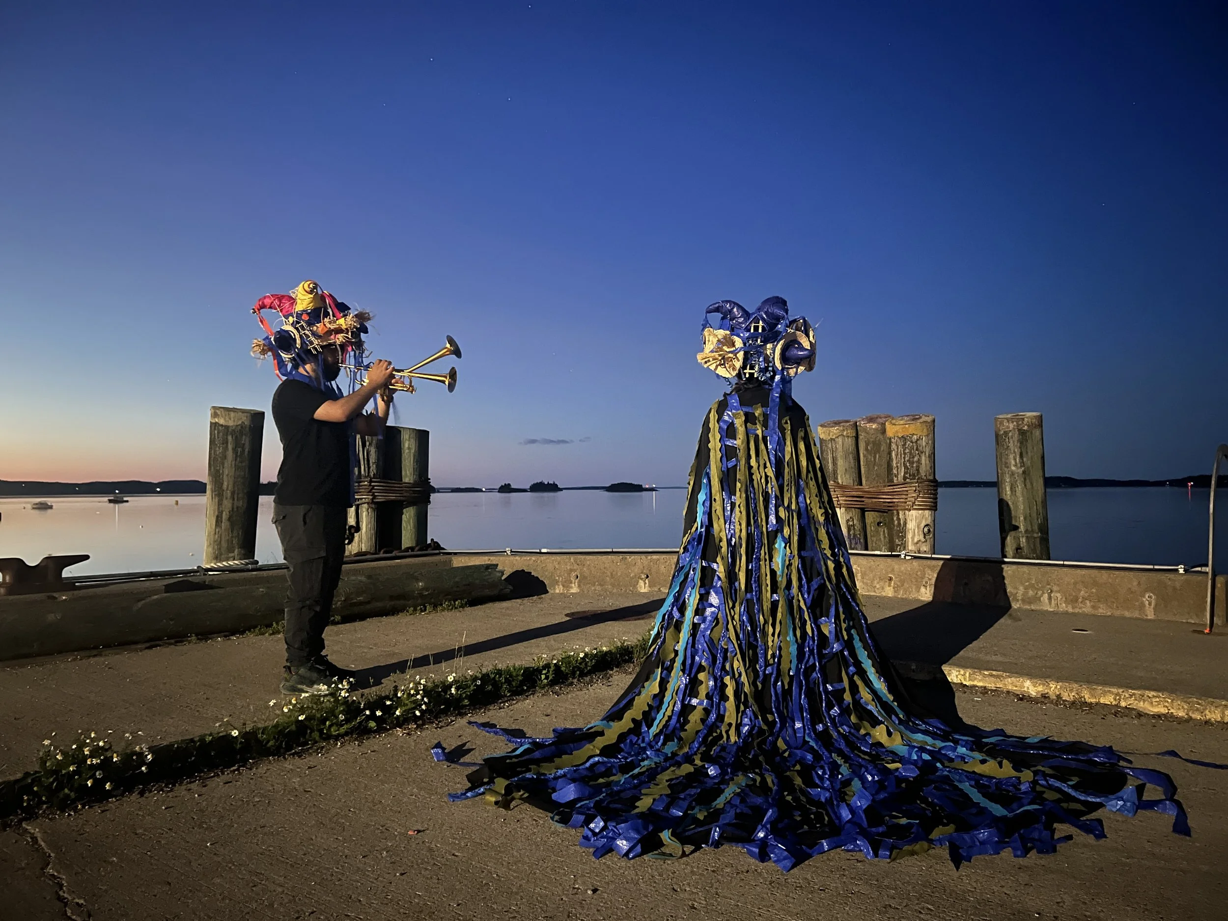 Love Letters / 2026 / Performance with Natalia Merlano Gomez (voice) and David Aguila (trumpet) of my musical scores Love Letters at the Tides Institute June 2026. I also built the veil and hat pieces they are wearing. 