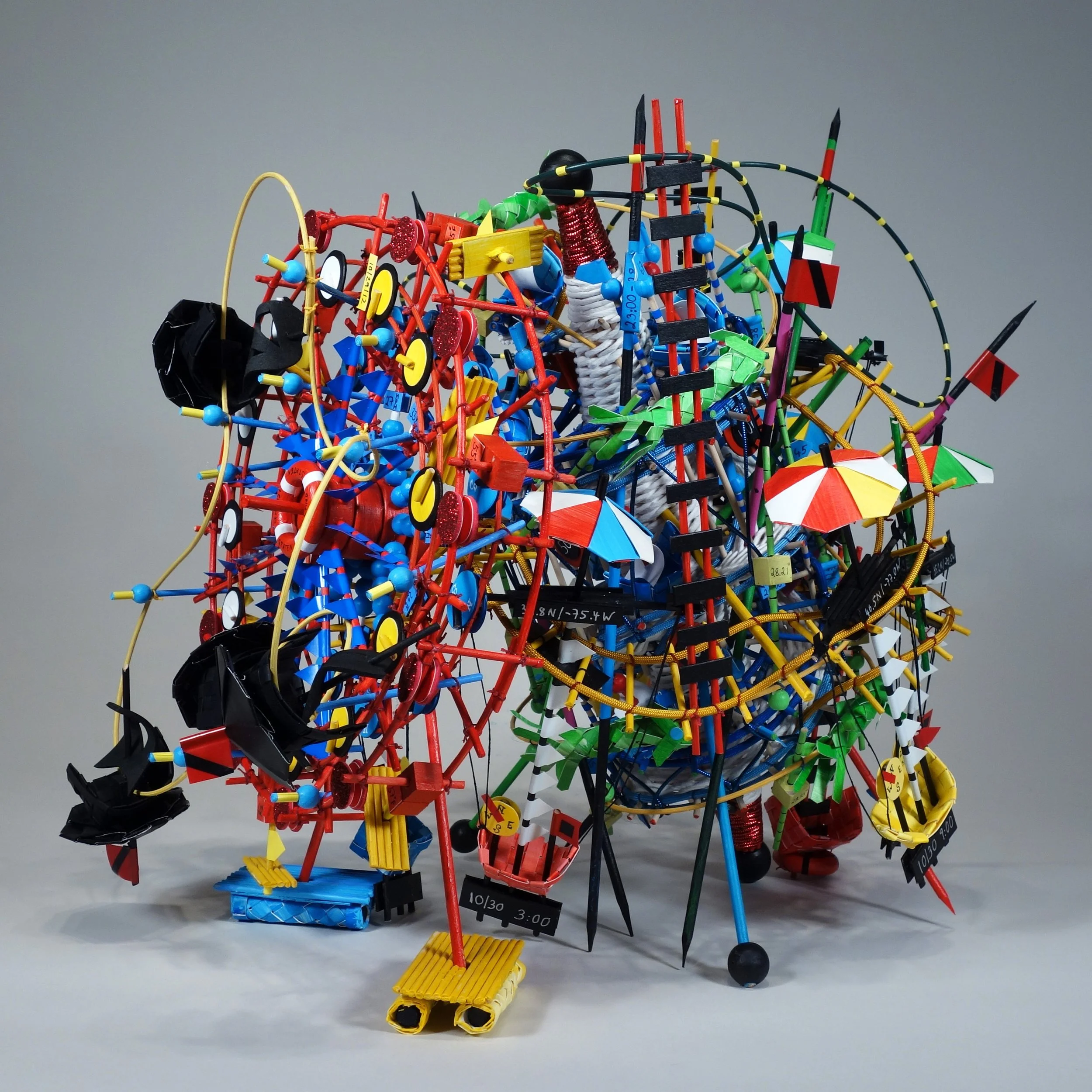 Chutes and Ladders
/ 2015 / Wood, Paper, data / 14”x18”x20" /
Weather and ocean data is translated on amusement park rides that seem to both float on water and mingle together in a chaotic vortex, making reference to a board game of chance.