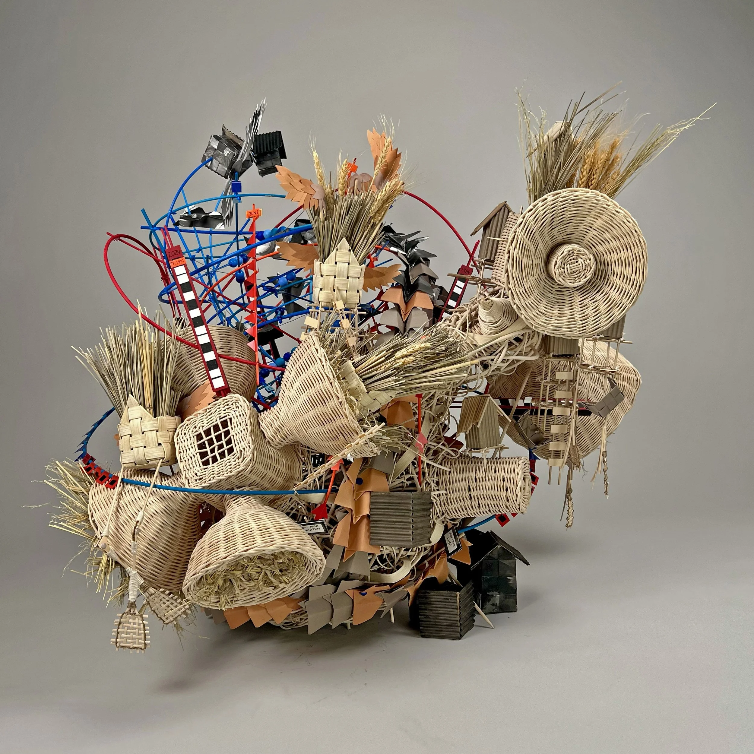 Bird Sirens / 2025 / Reed, wood, paper, data / 30"x36"x33" / This piece is about the Swainson’s Warbler and its ability to make nests in places that have been ravaged by tornadoes.