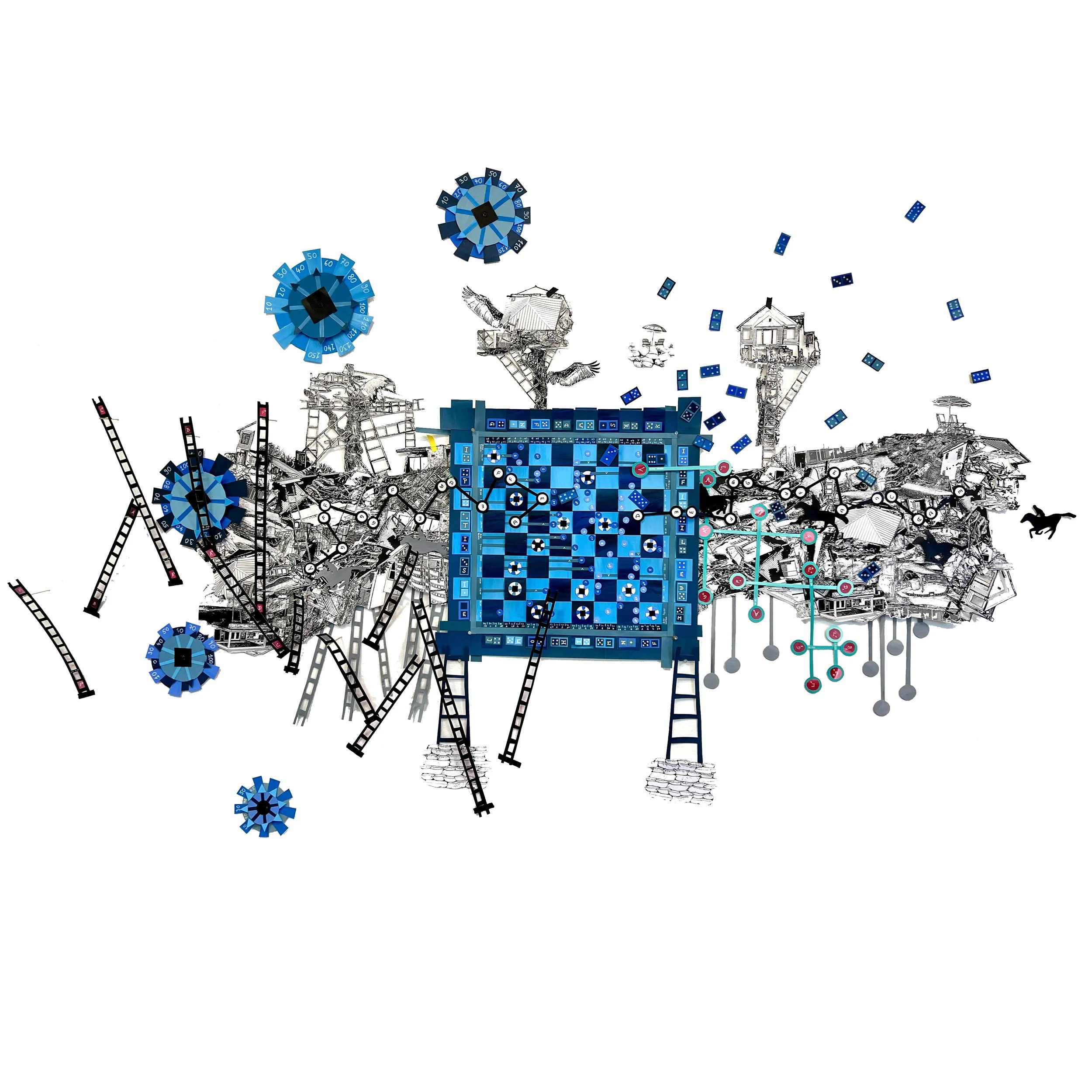 Check Mate Under Water / 2023 / 84"x48/ A musical sketch, exploring the idea of Hurricane Ian and Nicole playing chess as they vie to claim the beach and those who live by it. 