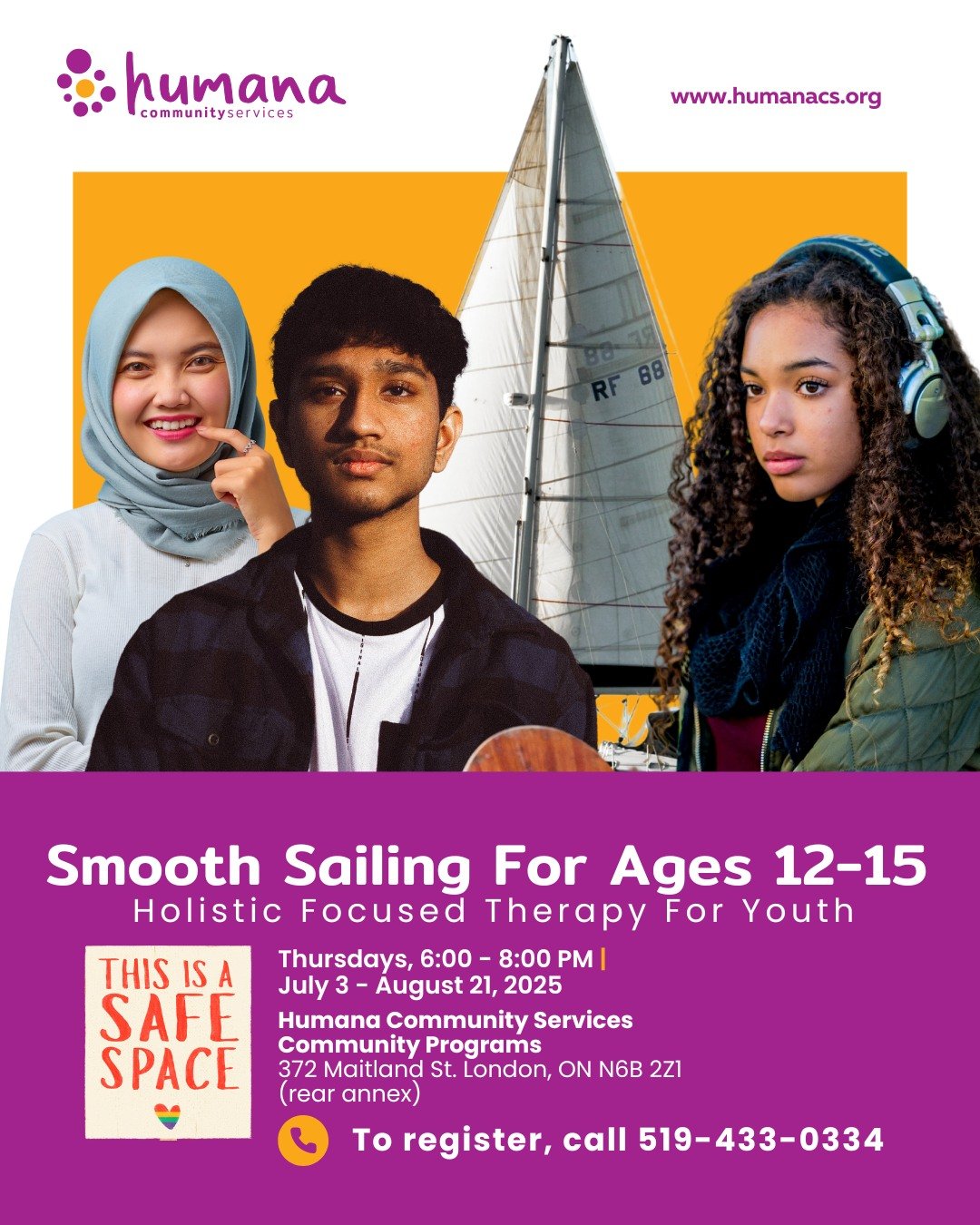 Smooth Sailing LONDON - A Youth Group For Ages 12-15! 🤝 

Using a holistic approach, learn how to:
🚢 navigate your way through rough situations 
✏️ develop emotion regulation strategies 
🙂 turn feelings into positive experiences
✨ enhance your wel