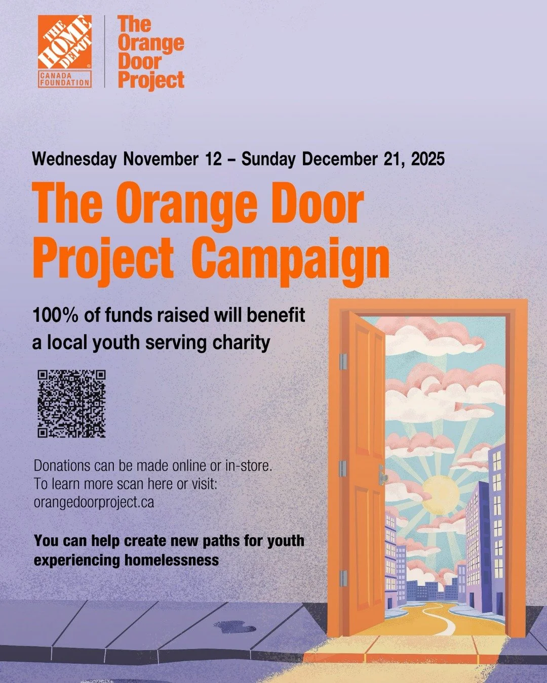 Last day to participate in the Orange Door Project is today, Sunday, December 21!

All proceeds from donations made at Home Depot East London (📍 448 Clarke Rd.) will be directed to housing and supports for youth at Humana.

You can also donate onlin