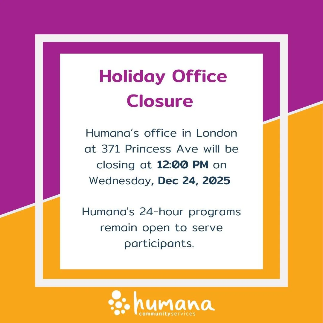 Office Hours Update! 📣 
Our office at 371 Princess Ave will be closed tomorrow on Wednesday, December 24 at 12:00 PM. All 24/7 programs remain open to serve participants.

#OfficeHoursUpdate #HolidaySchedule #HumanaCommunityServices