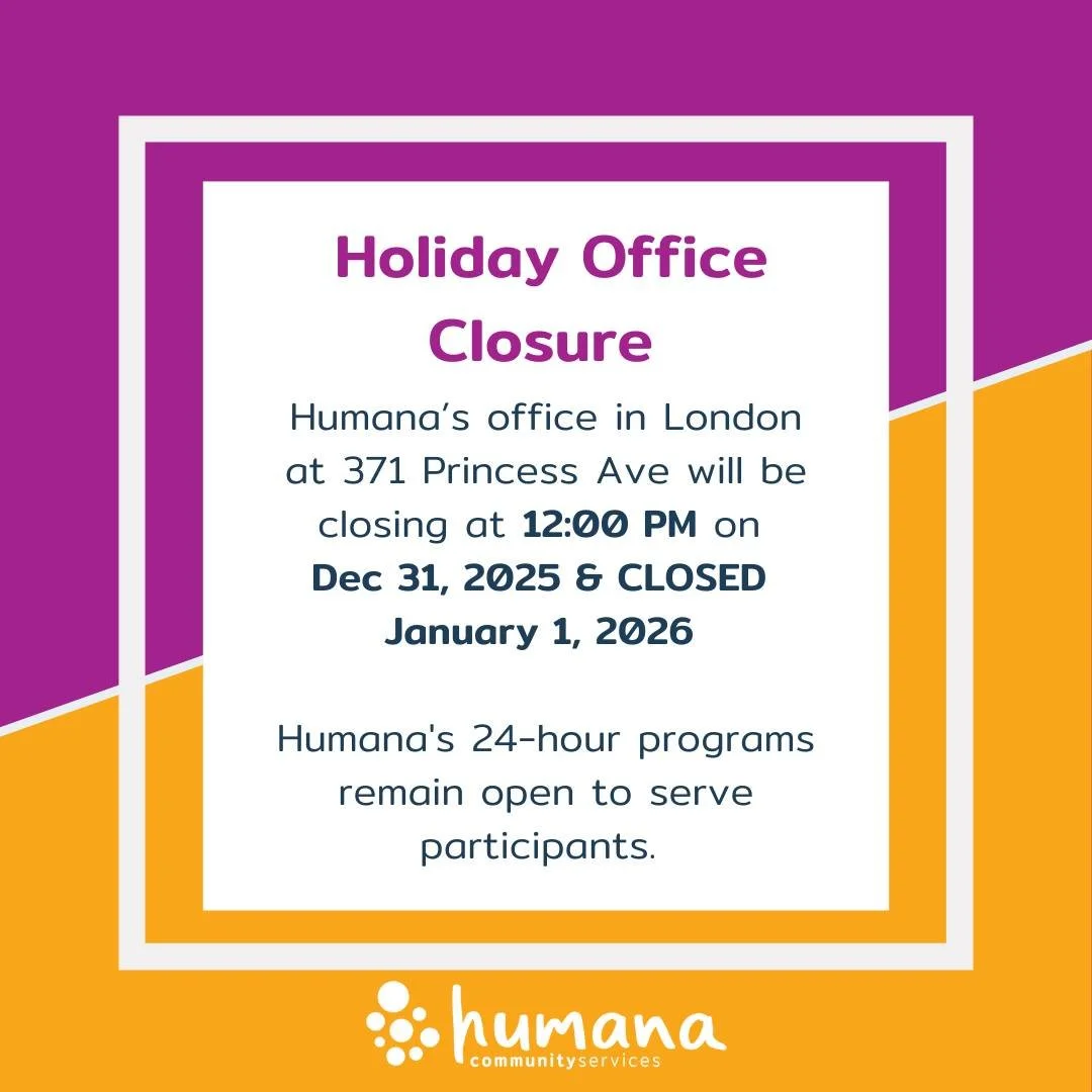 Office Hours Update! 📣 
Our office at 371 Princess Ave will be closed tomorrow at 12:00 PM on December 31 and reopening January 2. All 24/7 programs remain open to serve participants.

#OfficeHoursUpdate #HolidaySchedule #HumanaCommunityServices