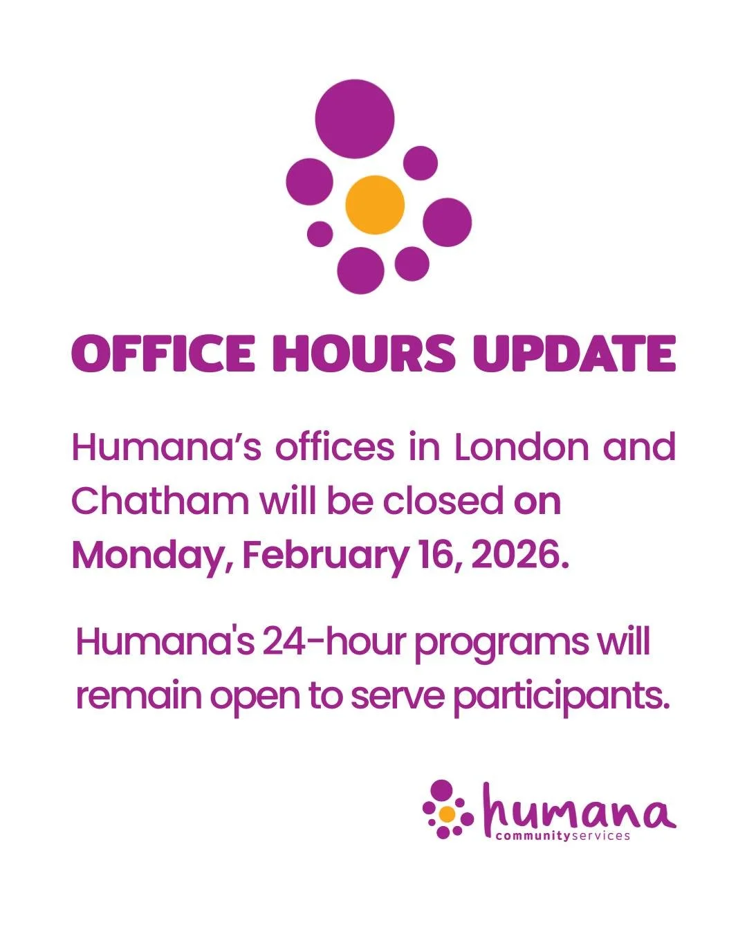 Humana's offices will be closed on Family Day. We hope you are spending quality time with your chosen family or taking time to relax on this holiday Monday.