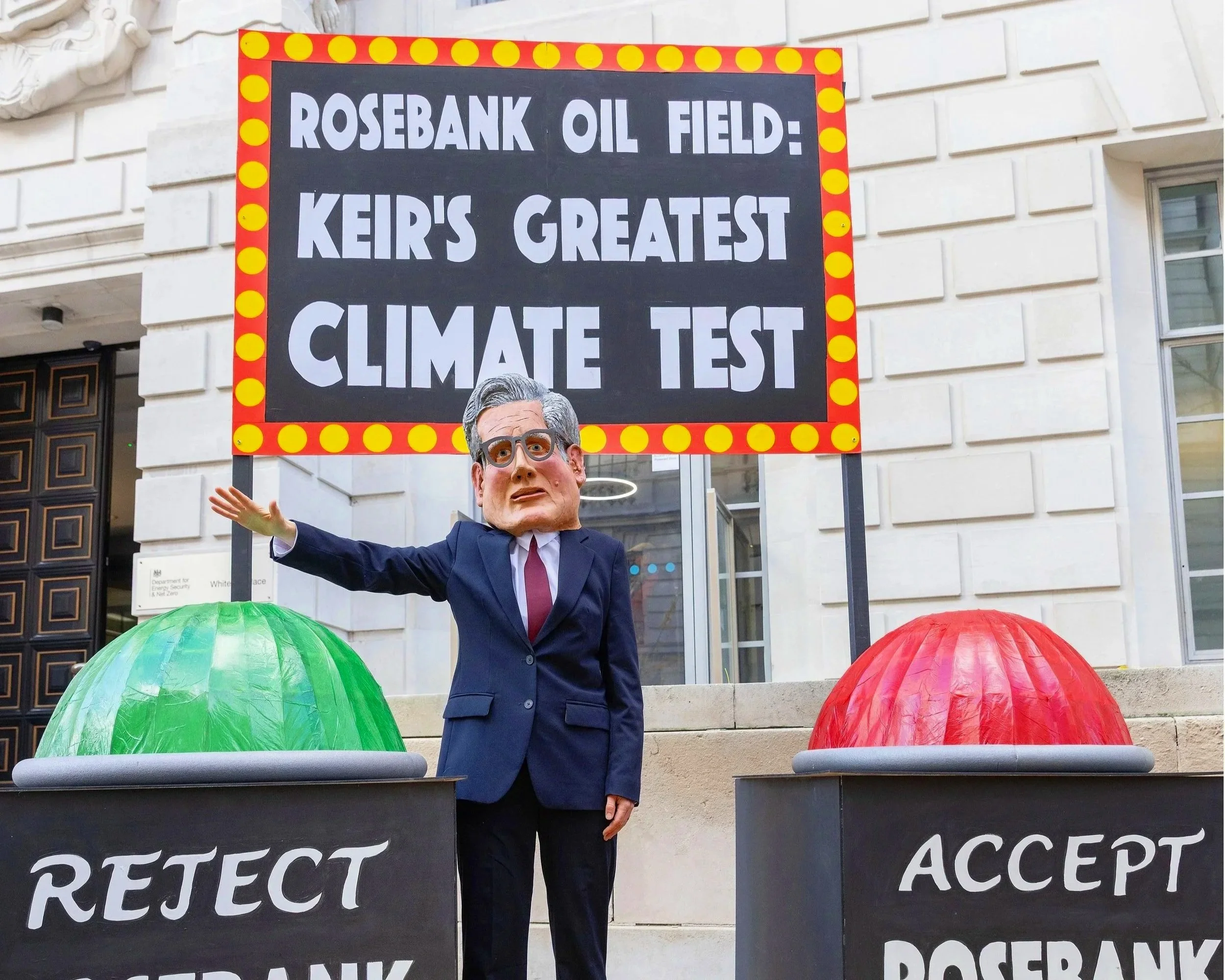 November 2025: MRU stage 'Keir Starmer's greatest climate test' outside the Department for Energy Security and Net Zero, as the public consultation on the giant Rosebank oil field came to a close.