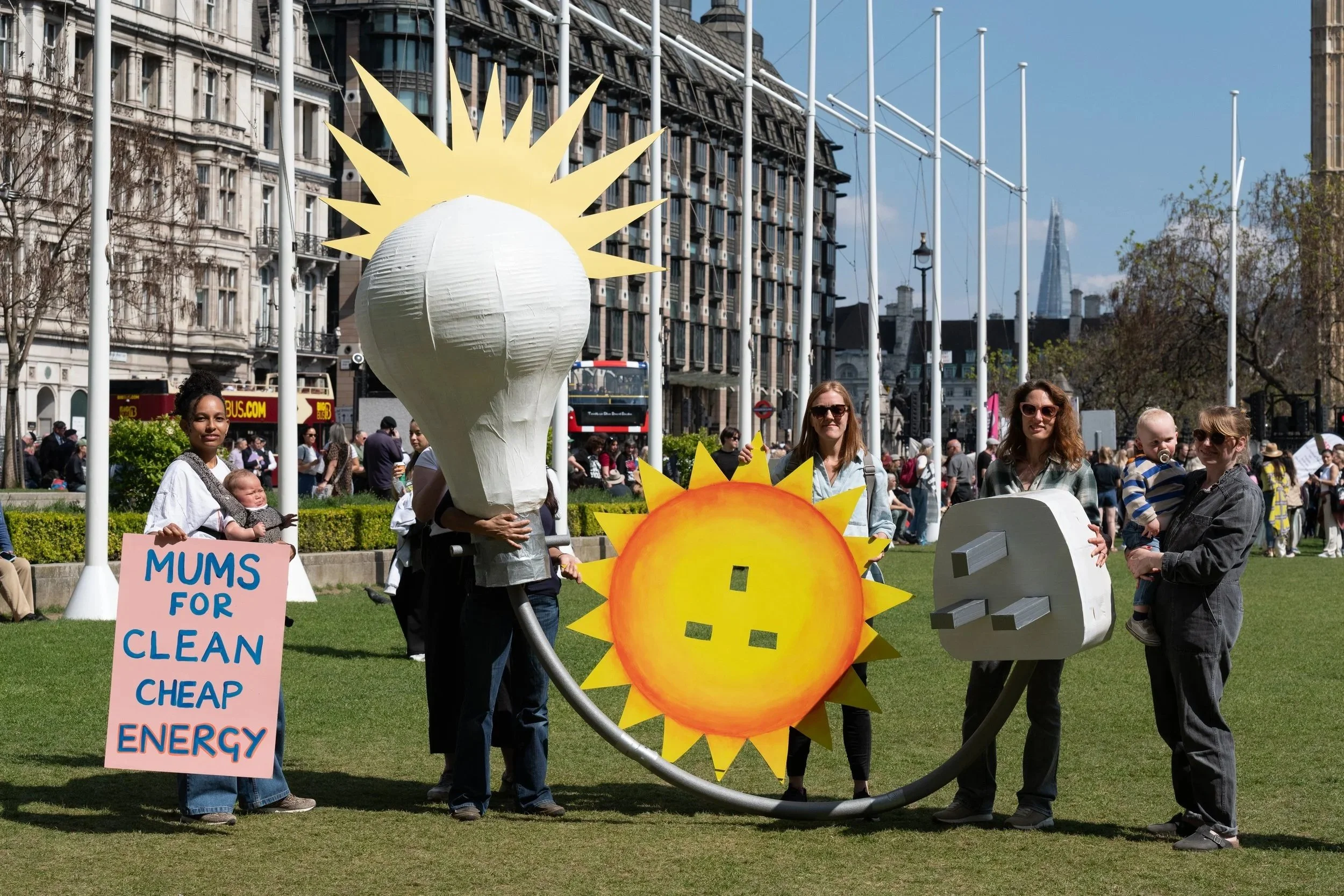 April 2026: MRU take giant solar powered lightbulb to Parliament, demanding a rapid, fair shift to renewable energy - as the first ever conference on transitioning away from fossil fuels unfolded in Colombia.