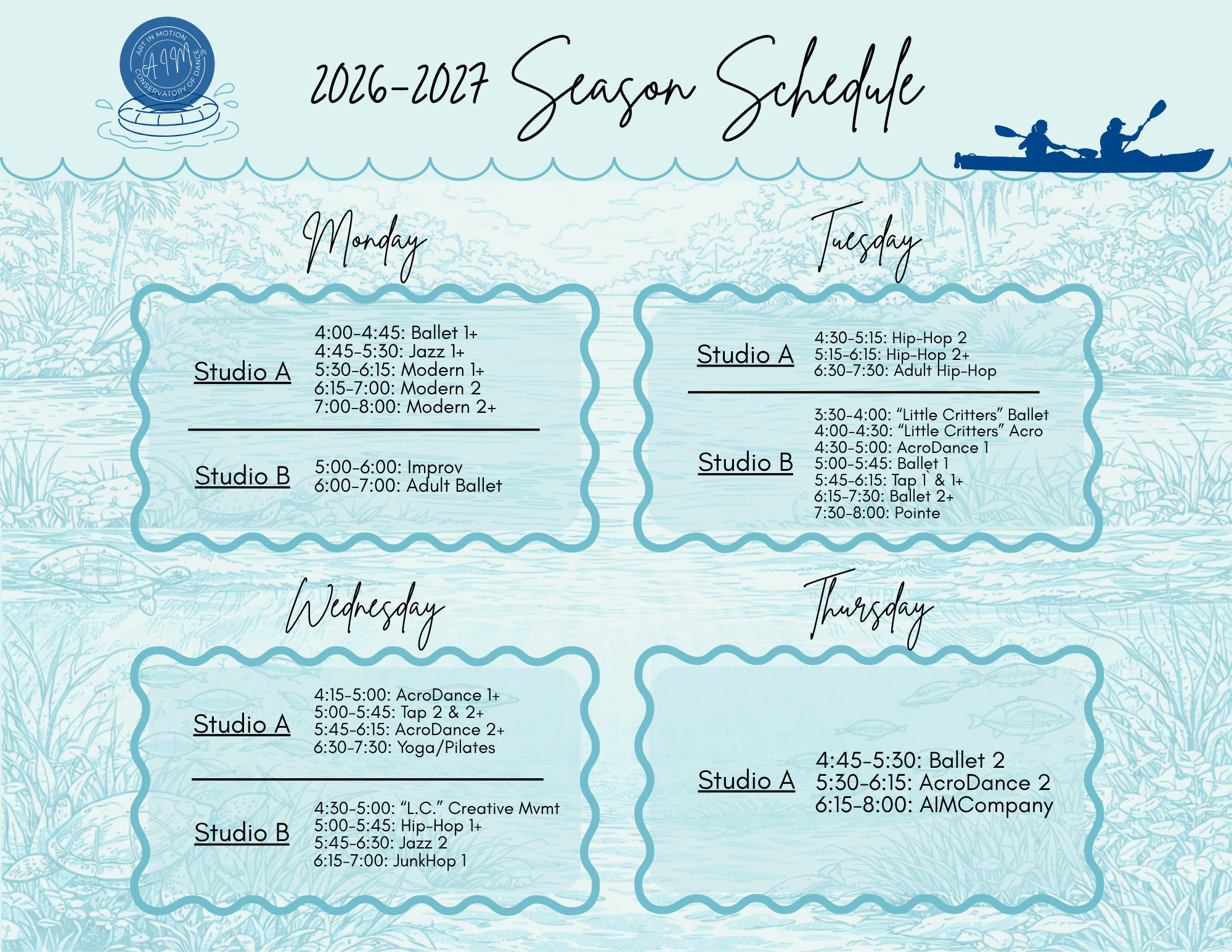 A printable season schedule for a dance studio, listing classes from Monday to Thursday in two studios, with time slots and class types, on a blue aquatic-themed background with a logo, dolphin silhouettes, and a scenic illustration.