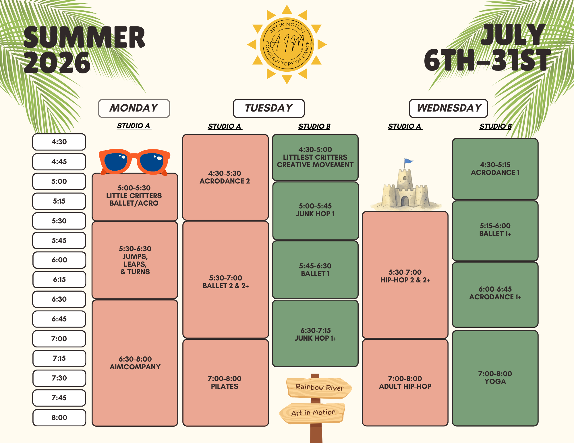 Weekly schedule for summer 2026 dance and fitness classes, with class times organized by days and studios, including activities such as Little Critters Ballet/Acro, Jump, Leaps & Turns, Pilates, and Yoga, with a tropical background and palm leaf decorations.