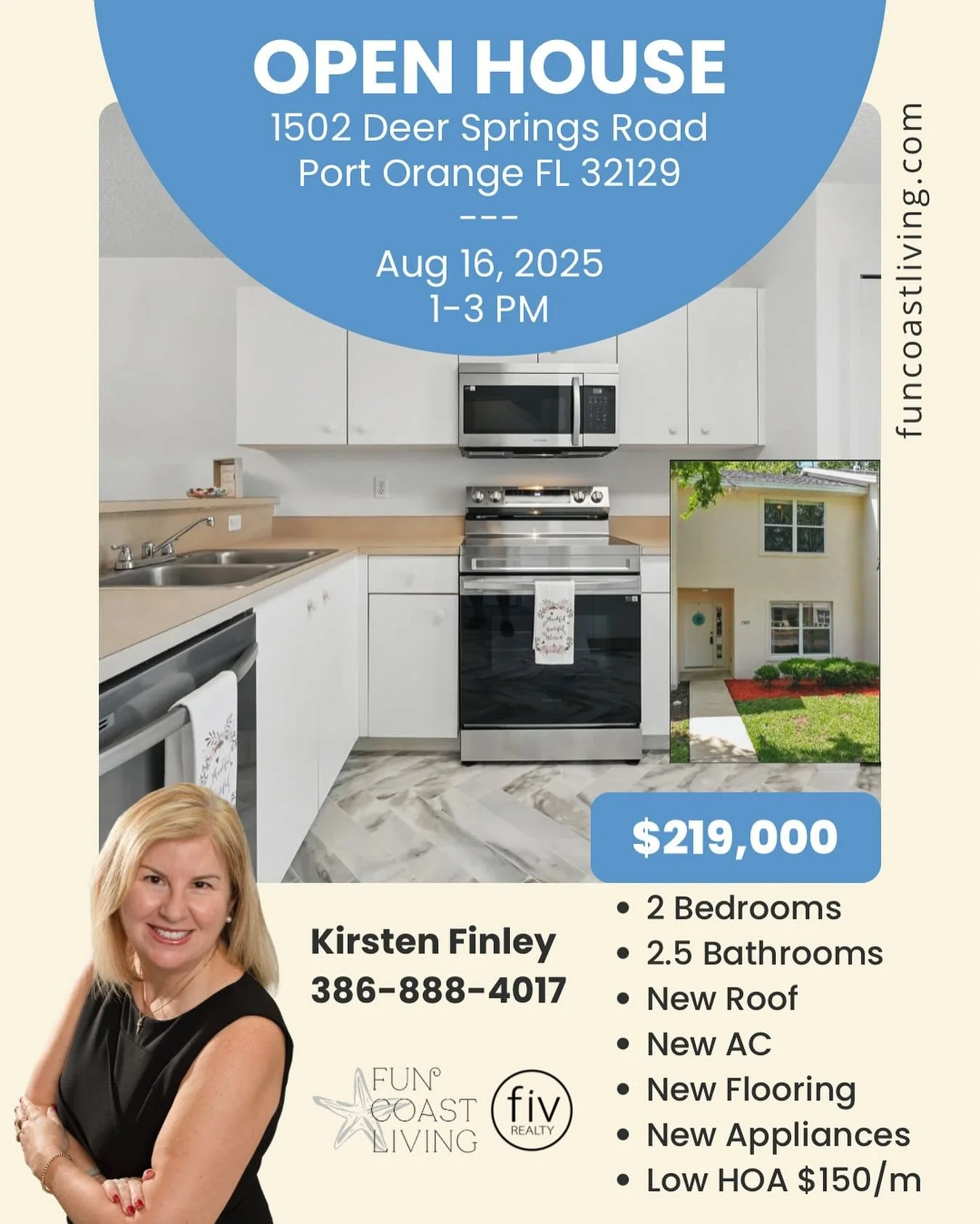 This weekend! OPEN HOUSE! 🌴 Saturday 🌴 
August 16, 2025
1:00 PM - 3:00 PM
1502 Deer Springs Road, Port Orange, FL

Buying your first home or downsizing? Maybe you are an investor looking for a starter property? This refreshed 2 bed, 2.5 bath townho