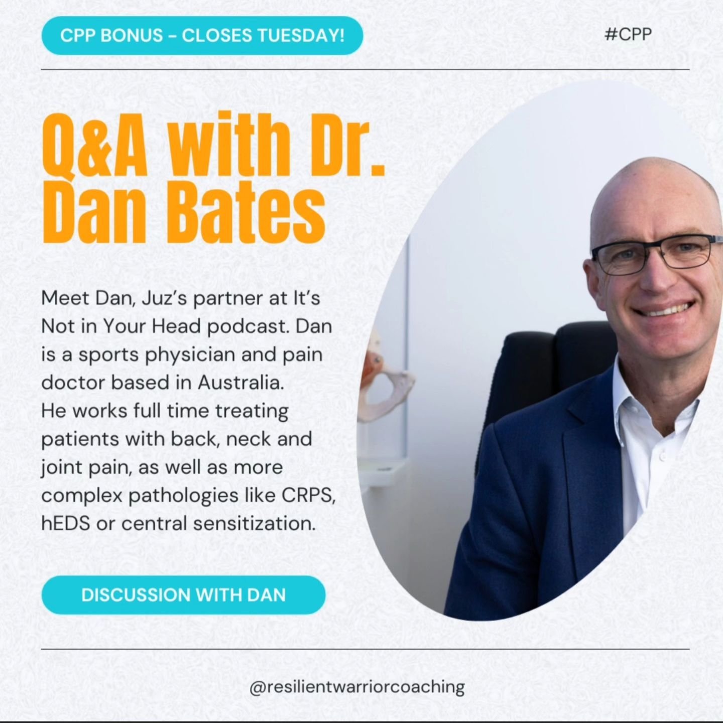 Final Complex Pain Progressions (CPP) BONUS ALERT 🚨⁣
⁣
🎉 If you register now for CPP, you will also get a bonus private Q &amp; A discussion with Dr. Dan Bates, Justine's partner on @iniyhpodcast!⁣
⁣
▶️ This is an invaluable opportunity to hear him
