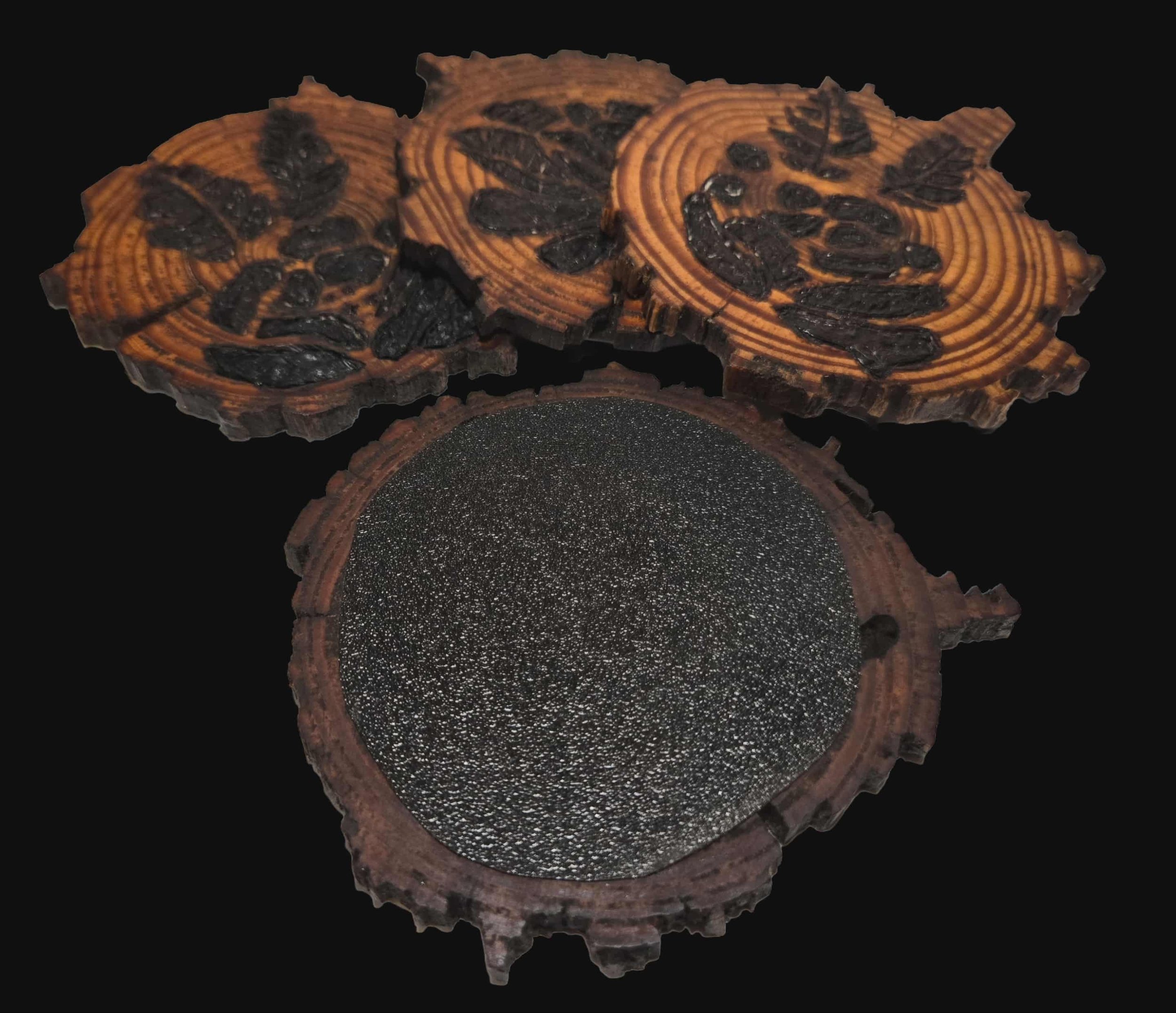 Hand-Burned Rose Pattern Cypress Wood Coasters