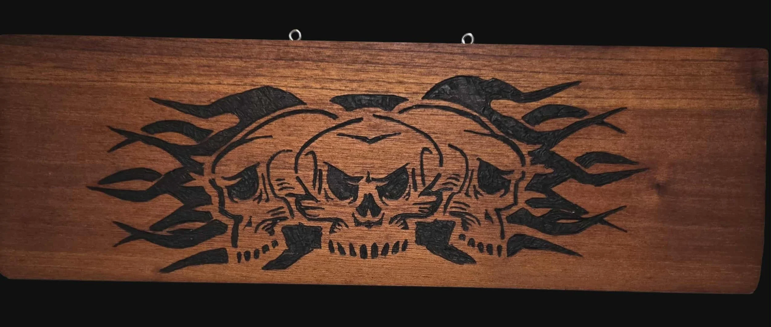 Hand-Burned Wooden Skulls & Flames Plaque