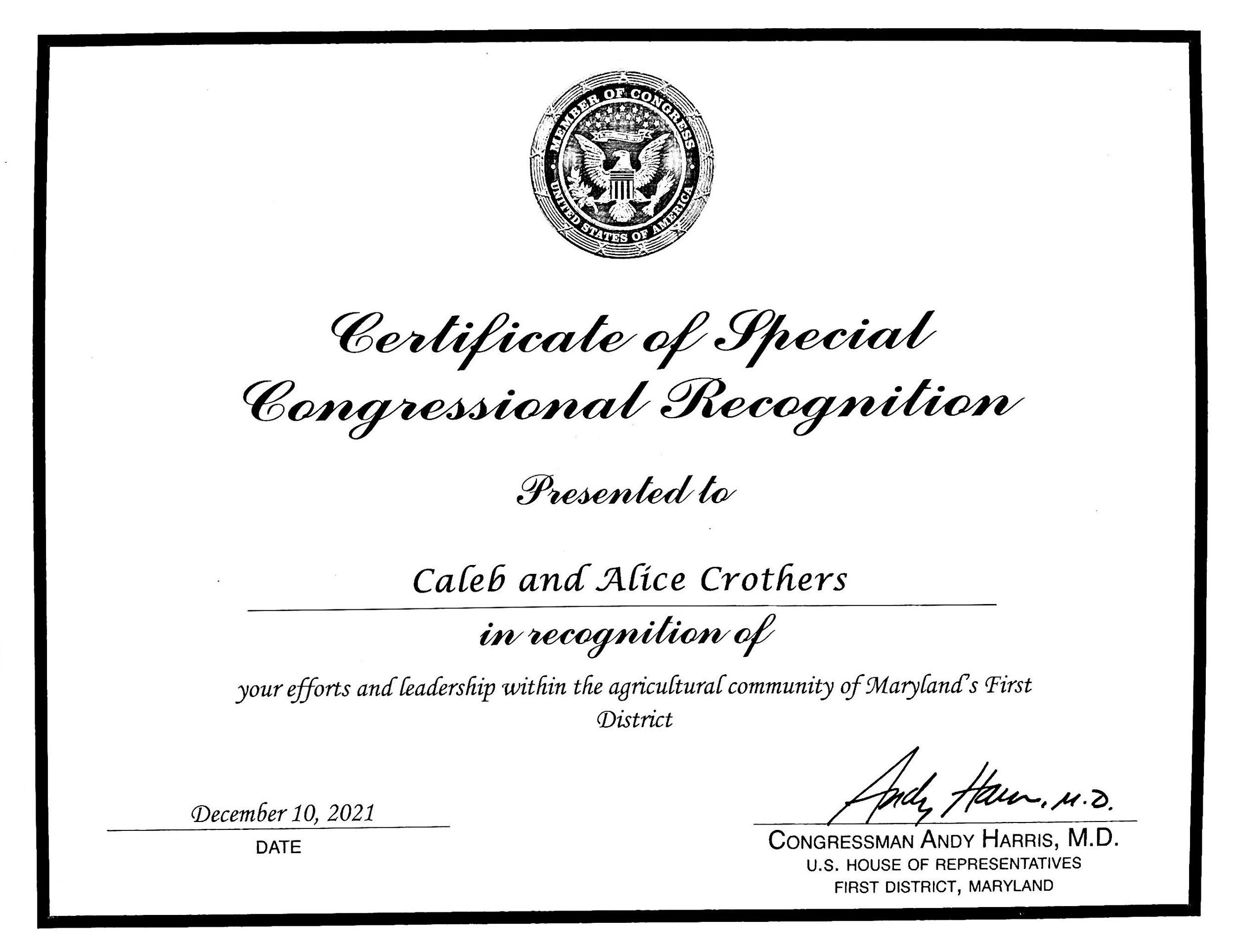 A close of the Certificate of Congressional Recognition