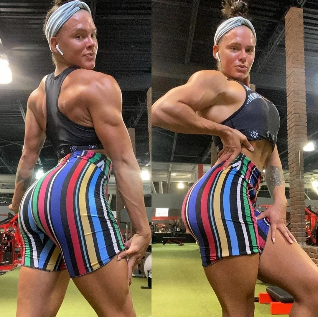 Side-by-side photos of a woman in gym workout gear, showcasing her muscular physique, with a headband, black sports top, and colorful striped shorts.