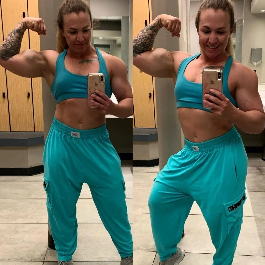 Two side-by-side mirror selfies of a woman in workout clothes, flexing her biceps and showing off muscular arms and abs, taking the photos in a gym locker room.